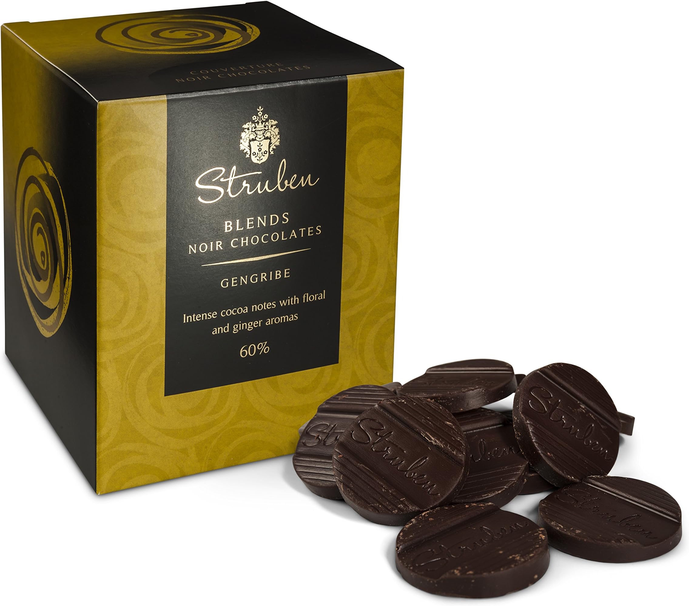 Struben Gengribe Dark Chocolate Couverture - Intense 60% Cocoa Notes with Floral and Ginger Aromas - 16 couverture Dark Chocolates - couverture Contains Less Sugar