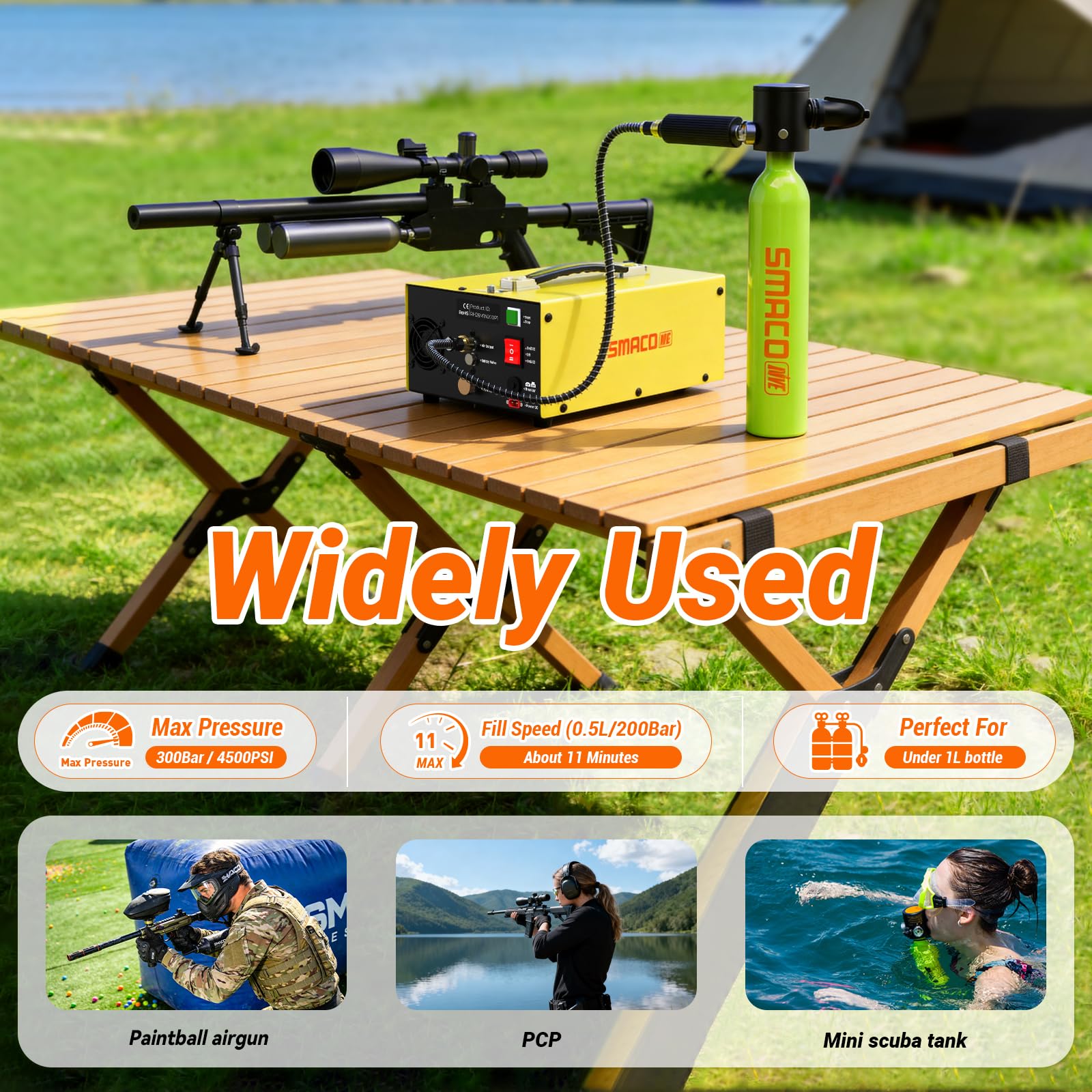 SMACO Compresor de Aire PCP Portátil 4500Psi / 30Mpa, Bomba de Aire de Alta Presión con Convertidor Incorporado Apagado Automático 12V CC o 110V / 220V CA para Paintball, Mini Botella de Buceo