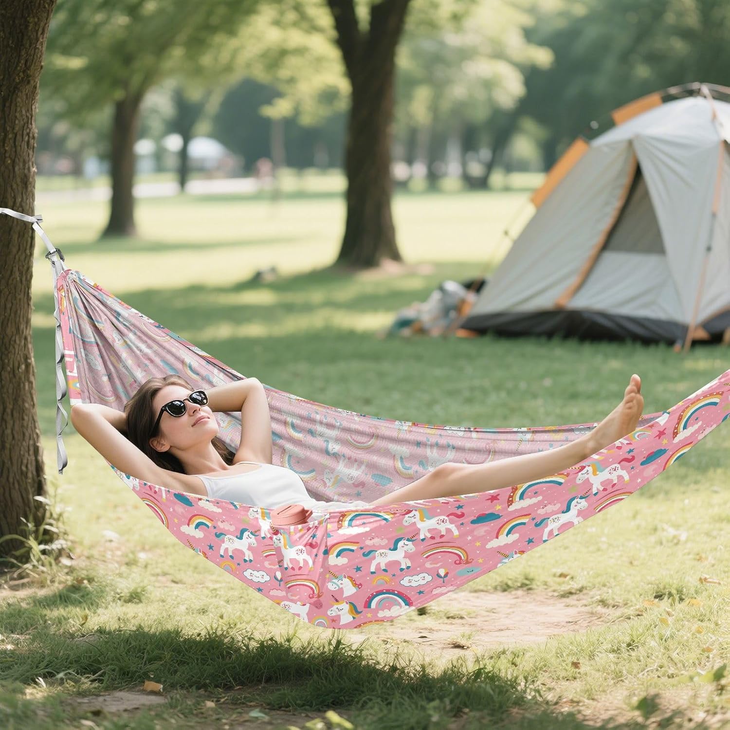 ALAZA Unicorn Rainbow Camping Hammocks Single or 2 Person 500 lbs Portable Parachute Travel Hammock w/Tree Straps for Hiking Backpacking Indoor Outdoor