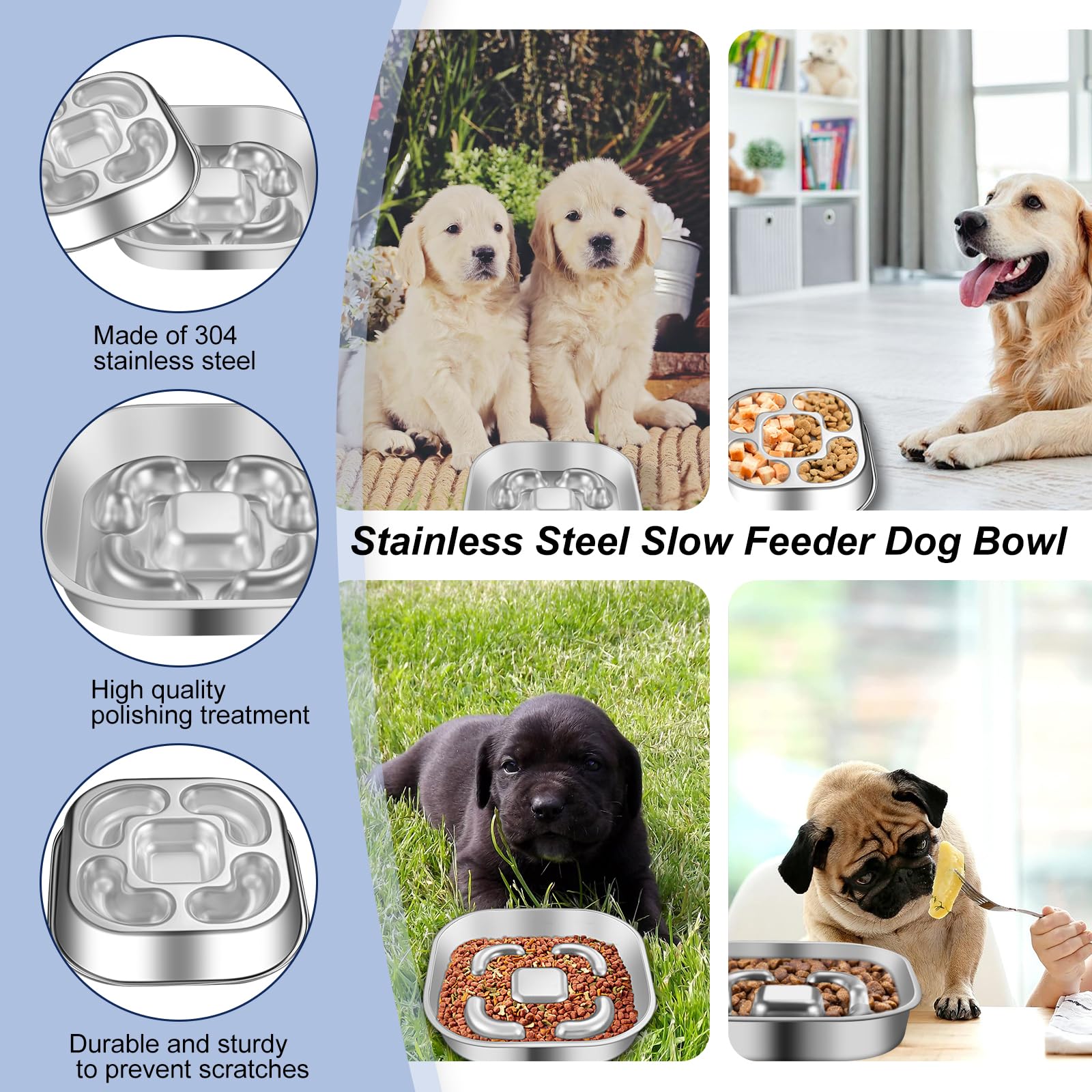 Slow Feeder Hondenbak - 2 Kopjes Roestvrij Stalen Hond Slow Feeder Voerbak Metalen Antislip Likplaat Puzzel Doolhof Schotel Voor Kleine Middelgrote Rassen