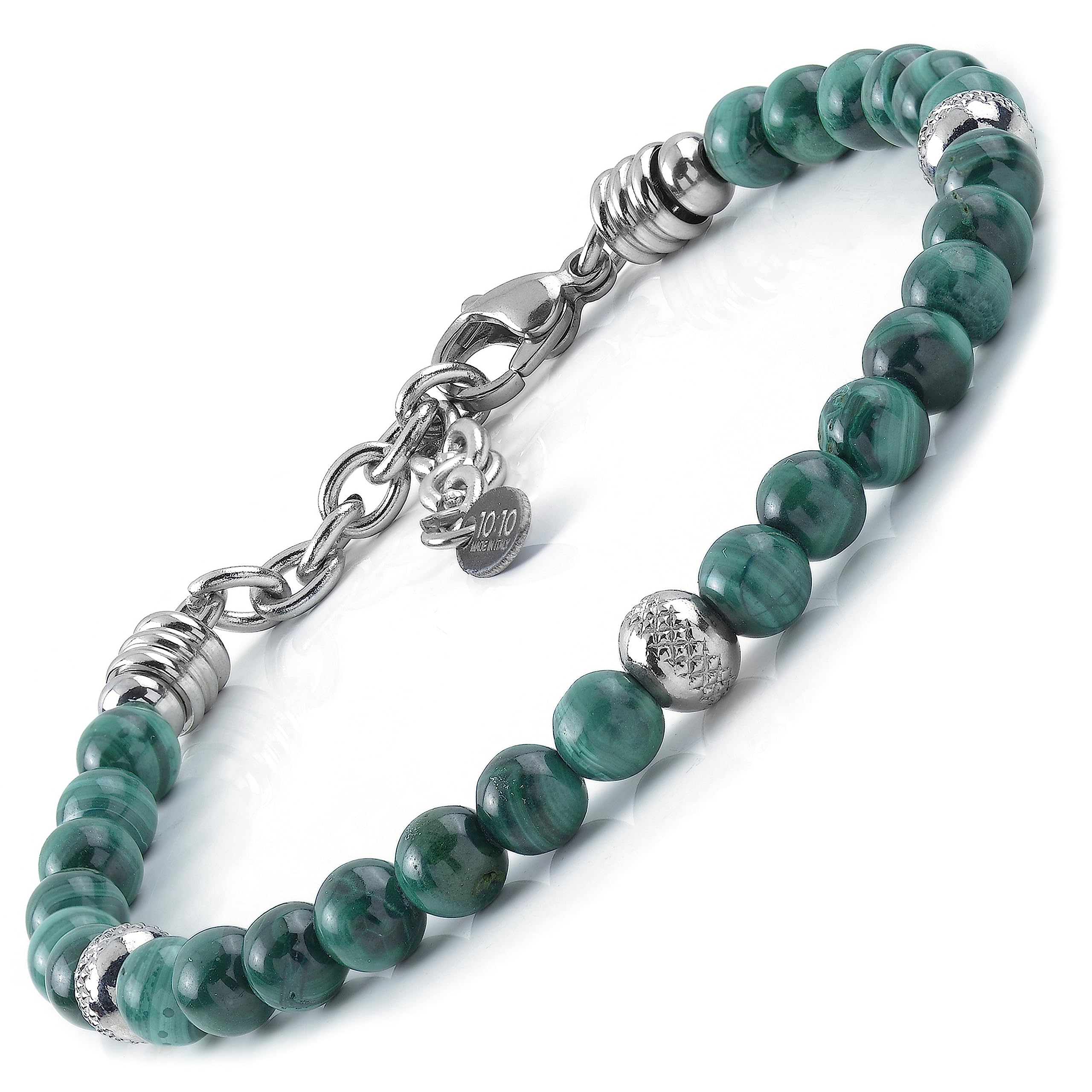 Bracciale Uomo Pietre Naturali - Lava Nera E Malachite Verde Poligonale, Cristallo Elastico Moda - 5