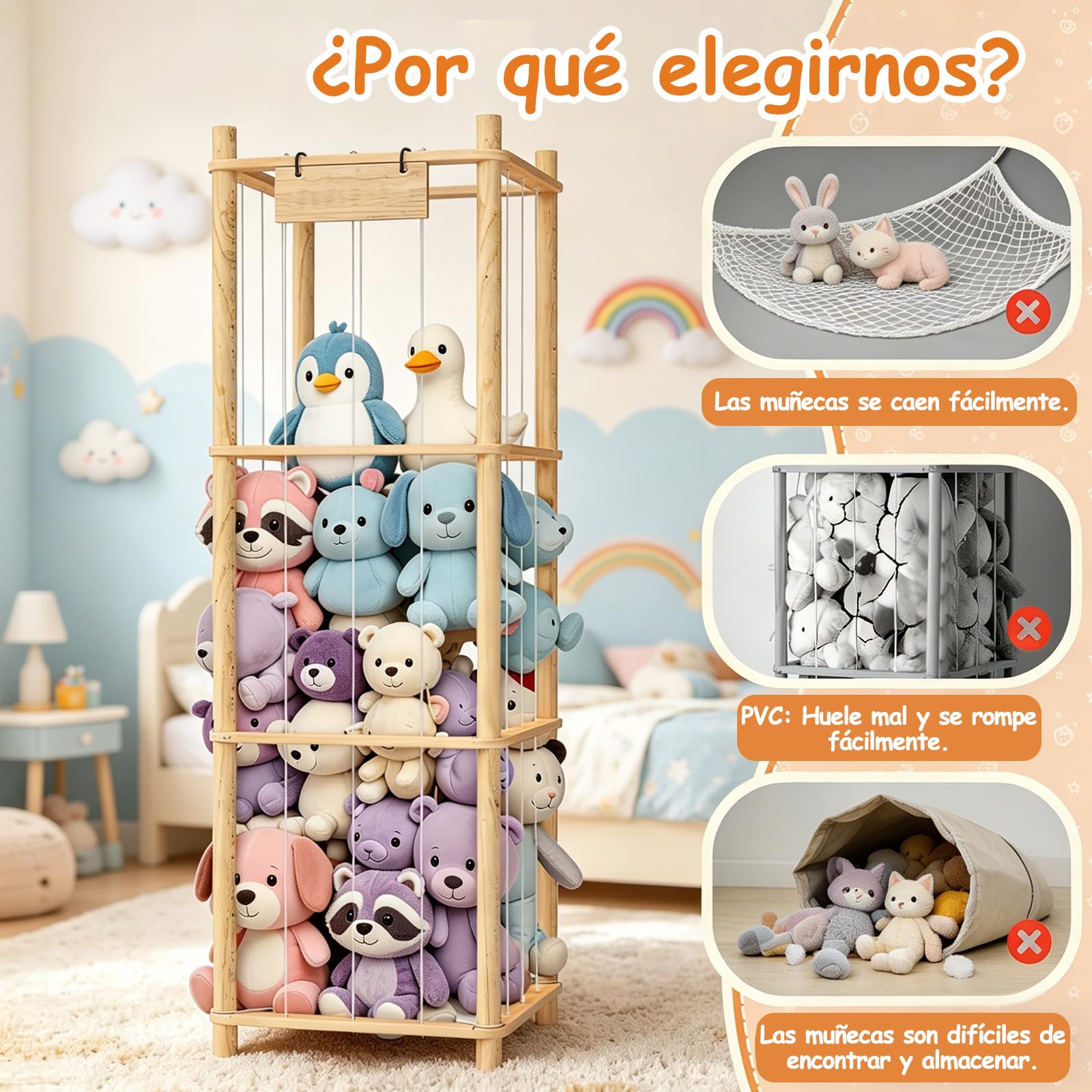 Organizador de Madera para Juguetes y Peluches, 3 Niveles, Gran Capacidad, Ahorra Espacio, Adecuado para Habitación Infantil, Sala de Juegos y Dormitorio