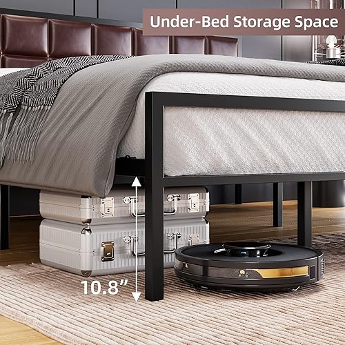 Miniatura 4 de Base de cama de metal tamaño King con cabecera de piel sintética, base de cama de plataforma King, soporte de listones fuertes, no necesita somier,