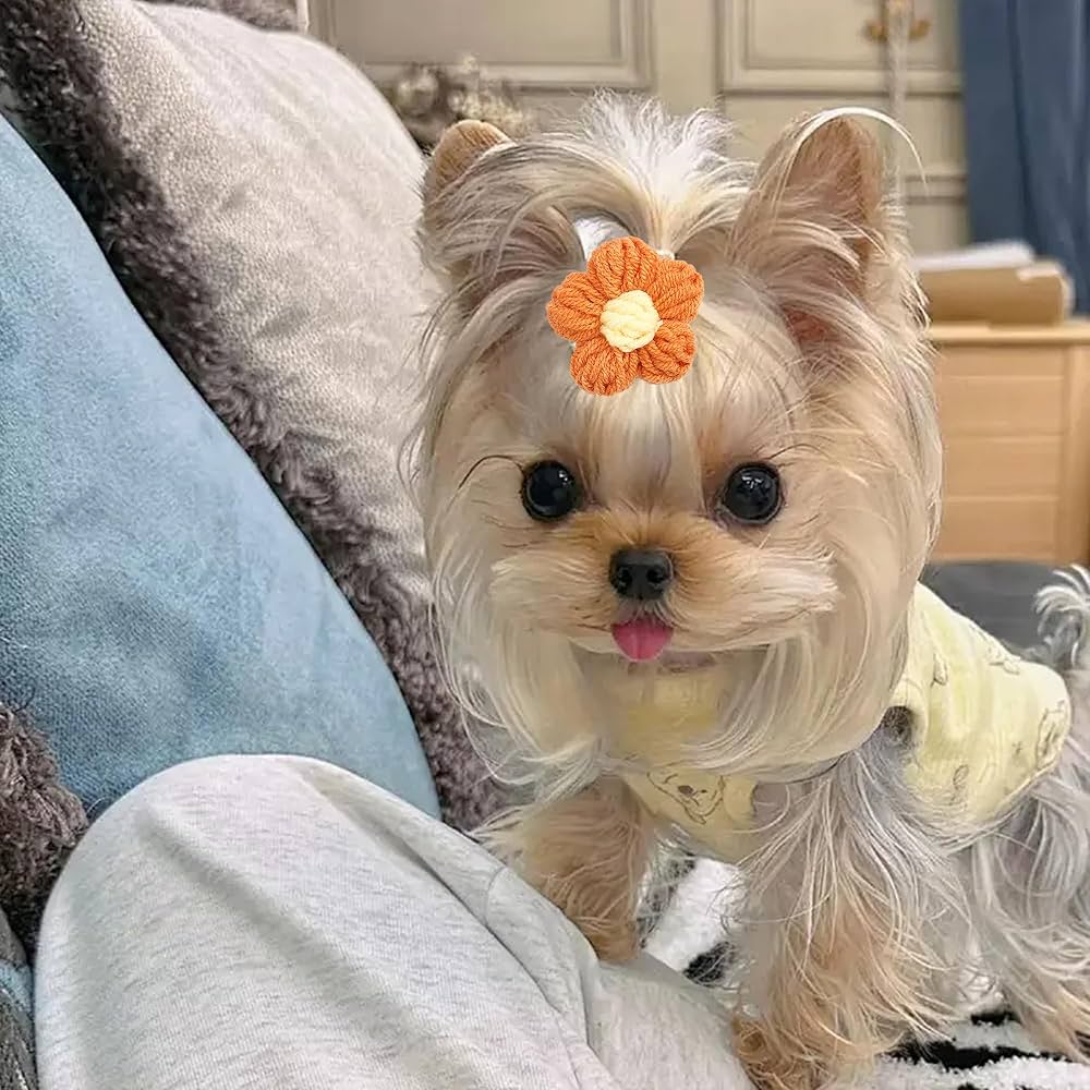 10pc Cute Yorkie Dog Hair Bows With Rubber Bands - Blue Puff Ball Flower Rhinestone Pet Accessories