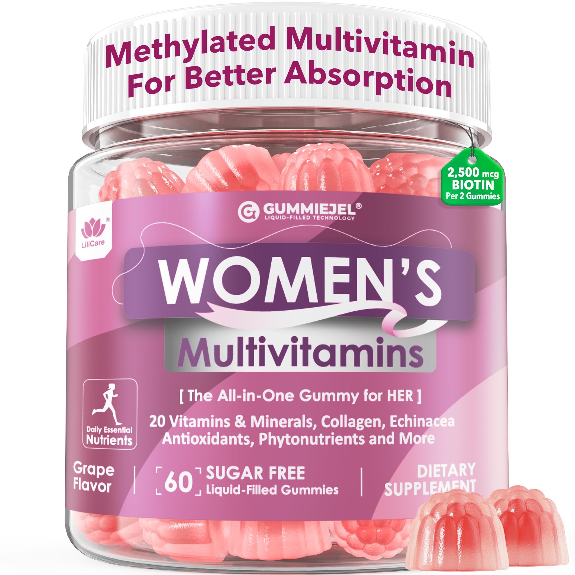 Womens Multivitamin Gummy + Iron for Woman Daily Wellness & Beauty, 60 Cts | Methylated Multivitamin for Women + Collagen, Magnesium, Vitamins A, C, D, E, Bs, Biotin for Hair Skin & Nails, Sugar Free