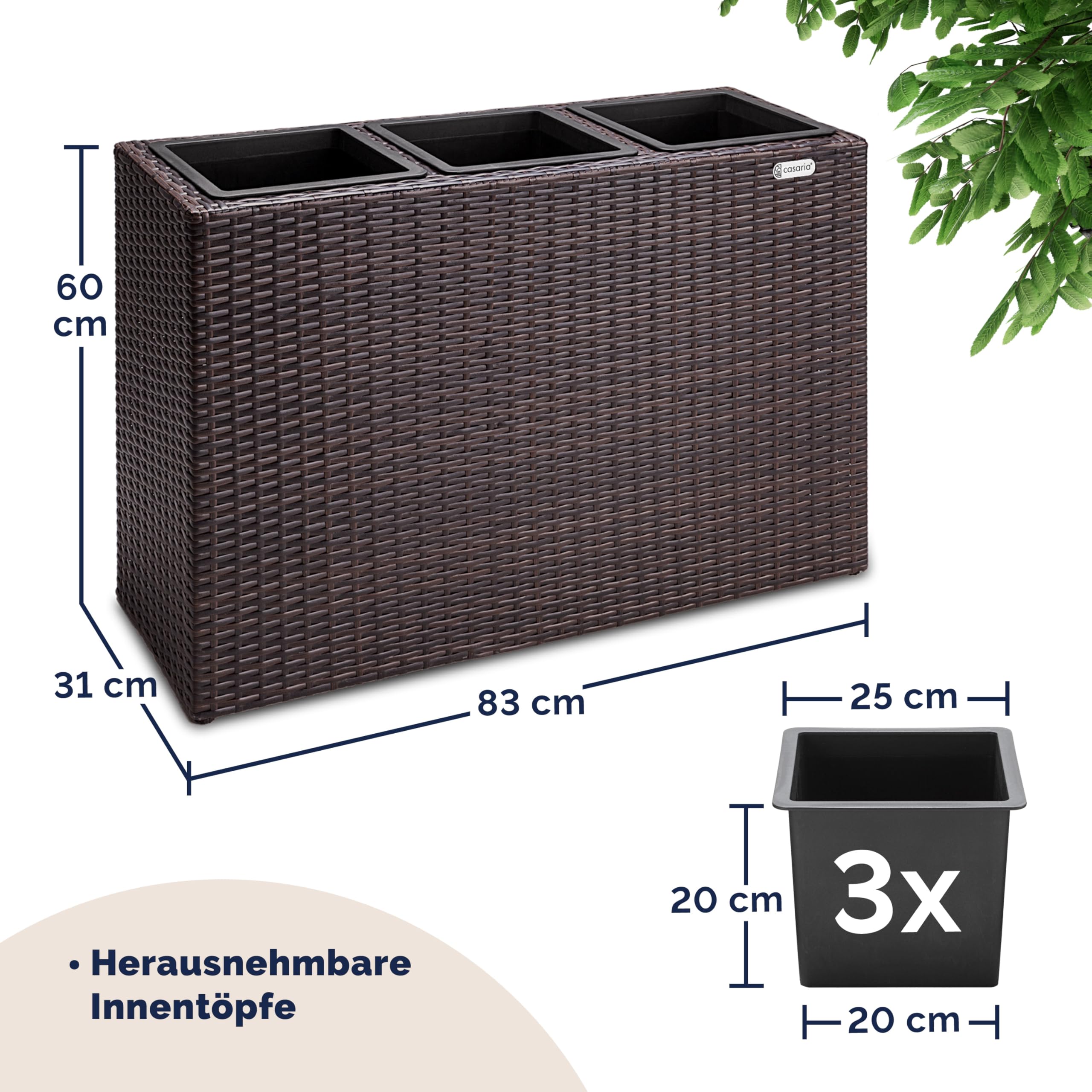 Casaria® Macetero Exterior con 3 Macetas Internas Extraíbles Jardinera Poliratán con Drenaje de Agua 83x30,5x60cm Marrón