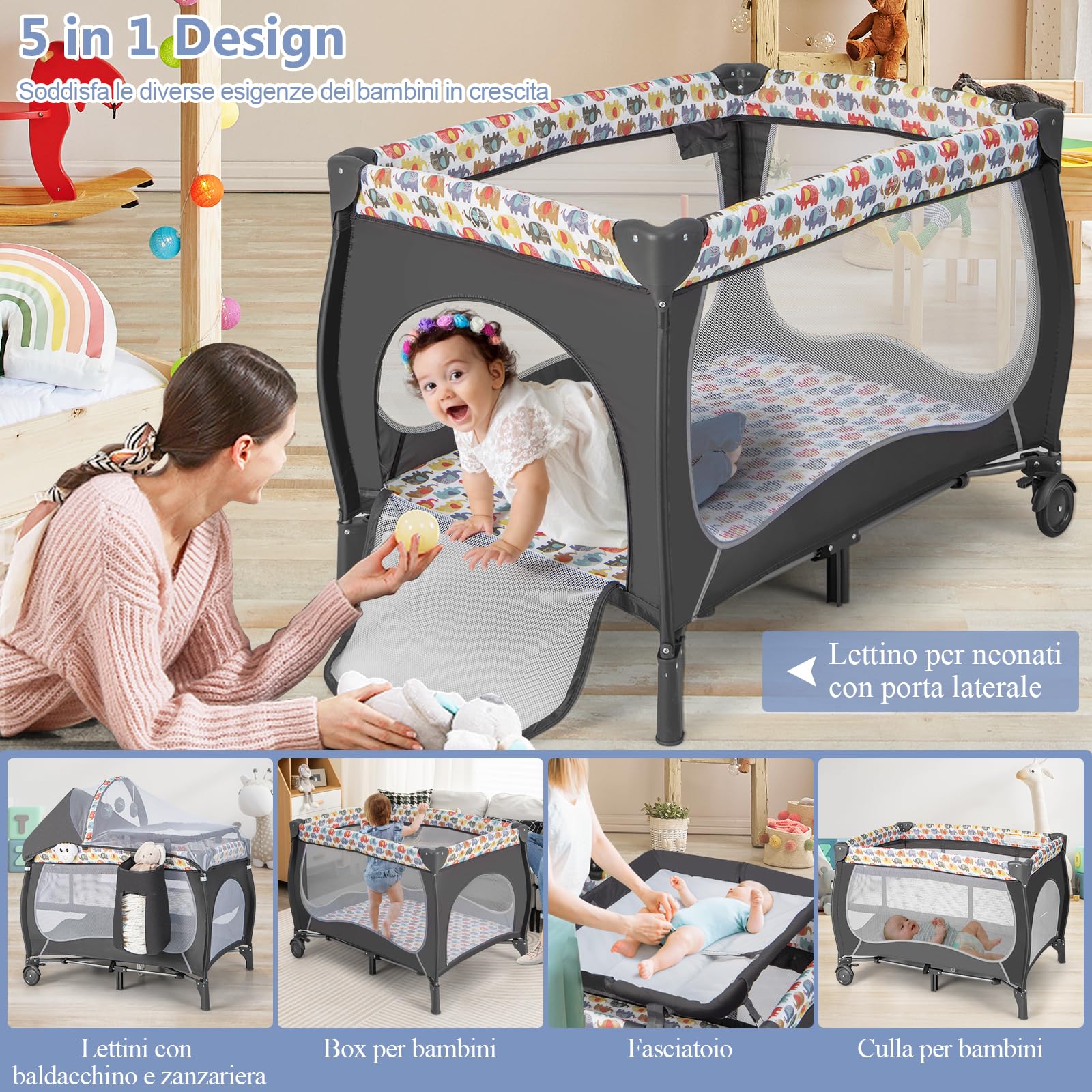 RELAX4LIFE 4 in 1 Lettino da Campeggio per Neonati, Culla da Viaggio con Fasciatoio, Baldacchino Retrattile con Zanzariera, Adatto a Bambini da 0 a 36 Mesi (Elefanti Colorati)