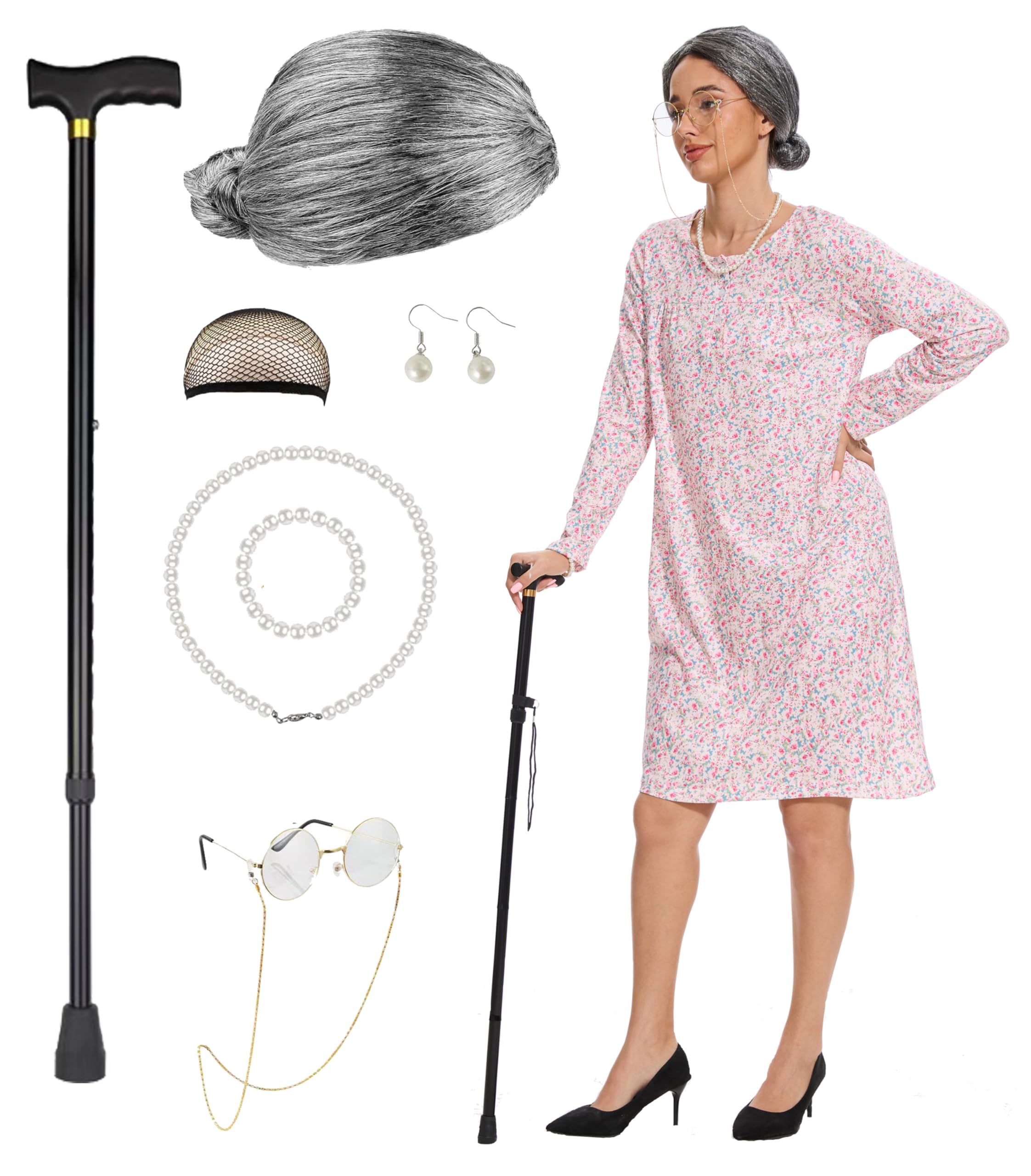 Tuoweey 9PC Women Adult Old Lady Costume adult 100 Days of School Granny Grandma Wig Nightgown Dress Set