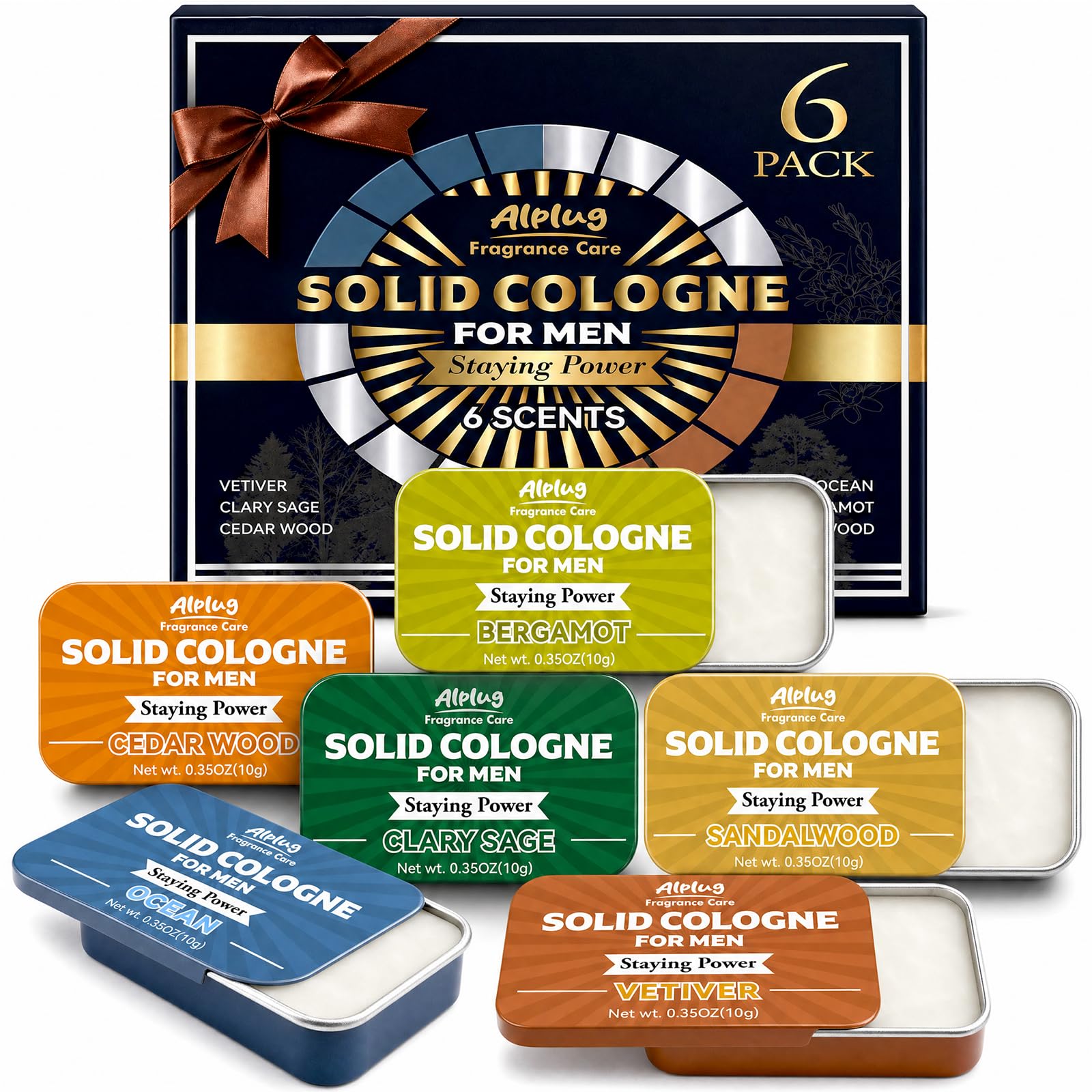 6 Pack Solid Cologne Gifts for Men, Mens Cologne Gift with Cedar Wood, Bergamot, Sandalwood, Clary Sage, Vetiver, Ocean Perfume, Birthday Gifts for Him Dad Husband Boyfriend, Travel Gift