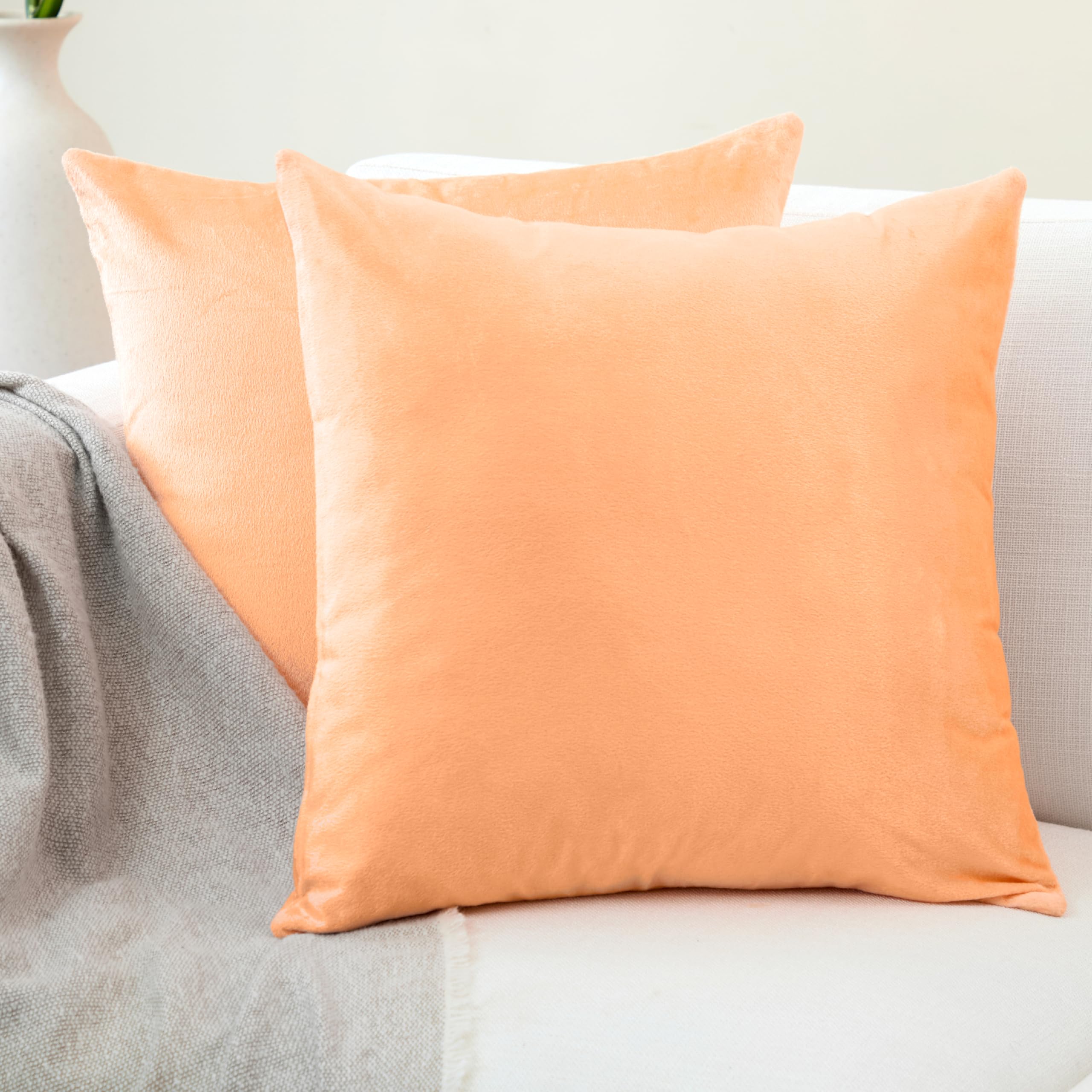 Encasa XO Velvet Cushion Covers (45x45 cm) Set of 02 | Peach | Luxurious Square Velvet Throw Pillow Covers With Invisible Zippers | Living Room, Sofa, Chair