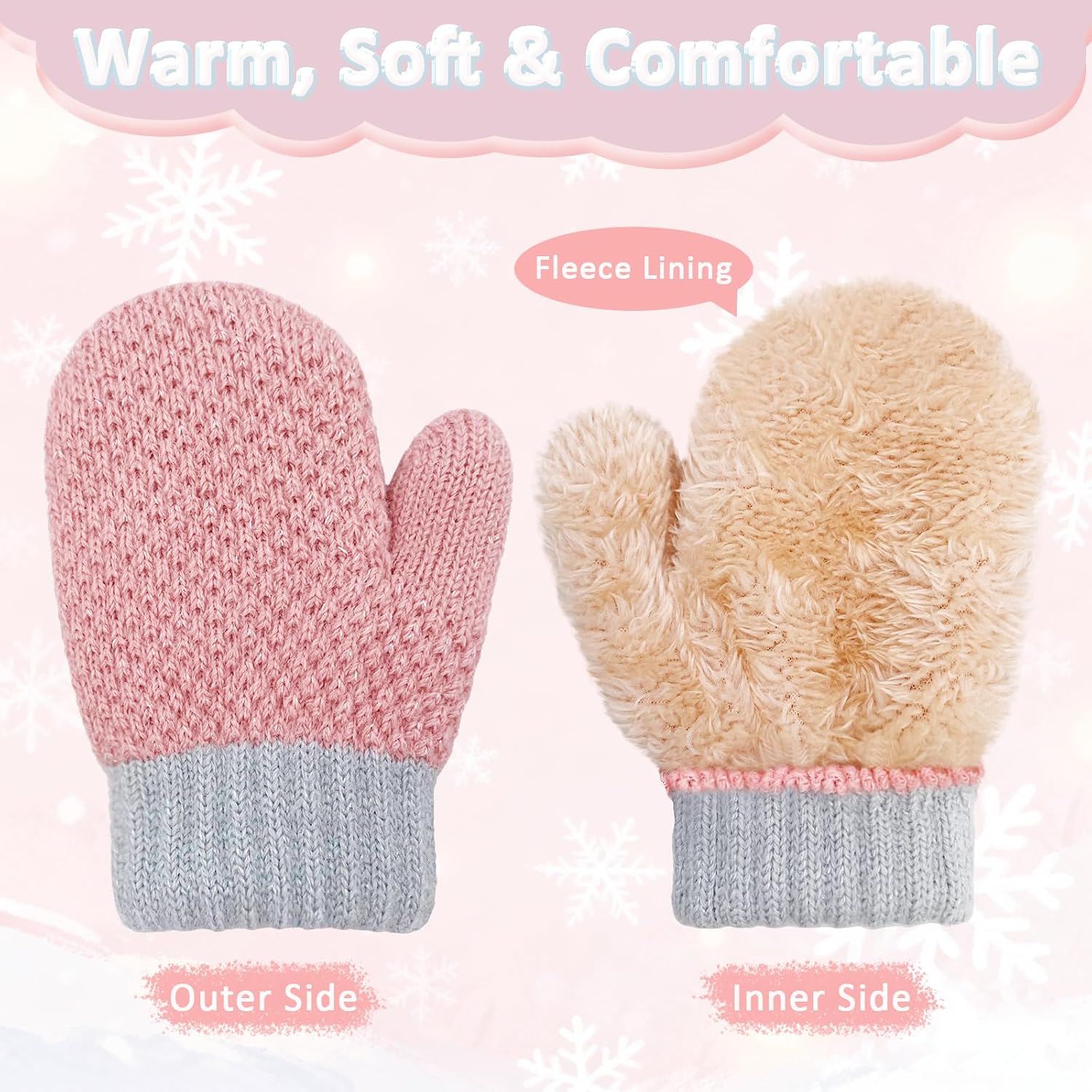 Beurlike 2 Pairs Kids Mittens Little Boys Girls Children Winter Warm Knit Fleece Mittens Gloves for Cold Weather 1-3 Years