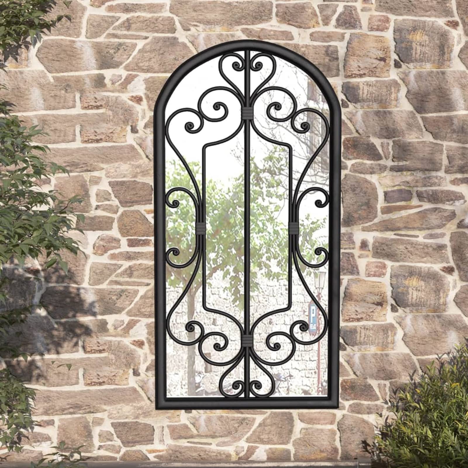 Homgoday Miroir de jardin en fer noir pour usage extérieur 70 x 30 cm Miroir décoratif mural Miroir de fenêtre en métal pour salon chambre entrée style moderne