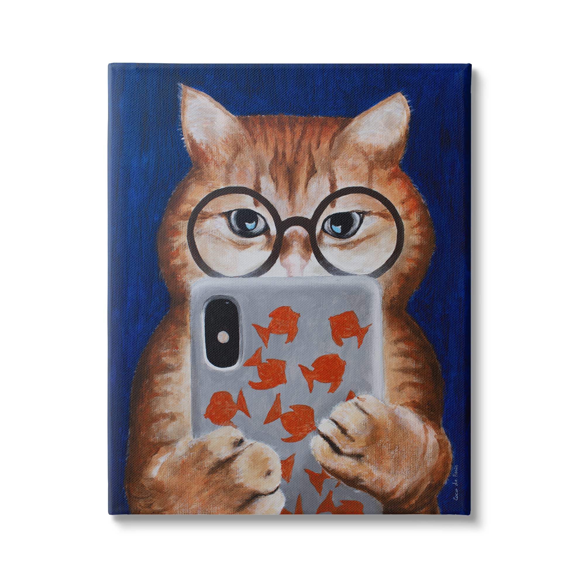 Stupell IndustriesFunny Cat Using Phone Texting Wearing Glasses Illustration, Design by Coco de Paris, Blue, 24 x 30