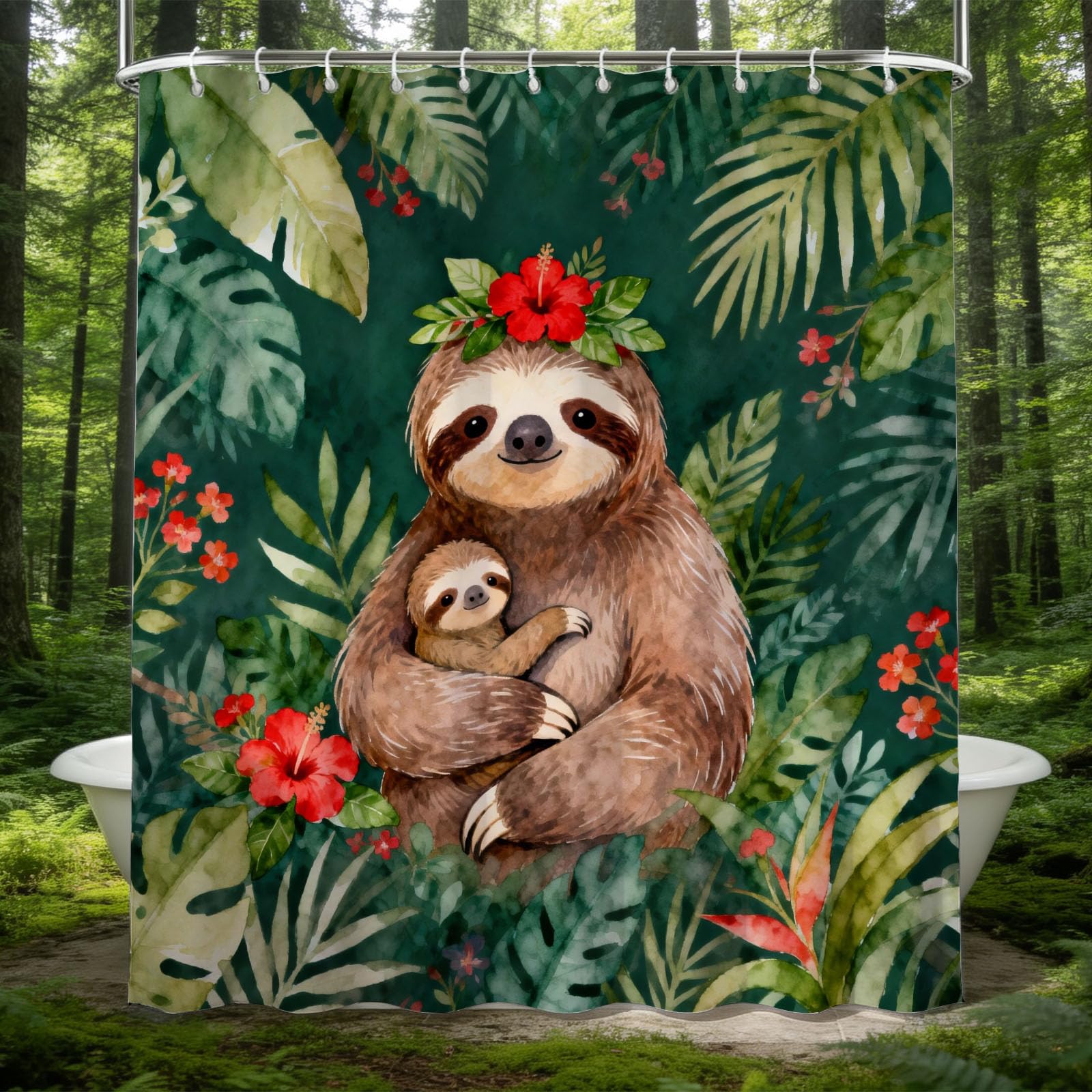 Hongduo 3D Cartoon Sloth Shower Curtain for Stalls Bathtubs Nature Theme Bathroom Decor Shower Curtain Set Polyester Fabric Waterproof 180x200cm/71X79 Inch with Hooks