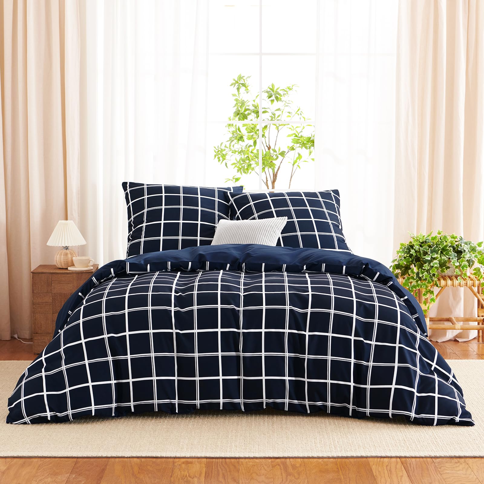 WAVVE Bettwäsche 200x200 3teilig Bettbezug Mikrofaser Bettwäsche-Sets 200 x 200 cm mit 2 Kissenbezüge 80x80cm, ÖKO-TEX, Wendebettwäsche Bedding Blau Karomuster Muster mit Reißverschluss