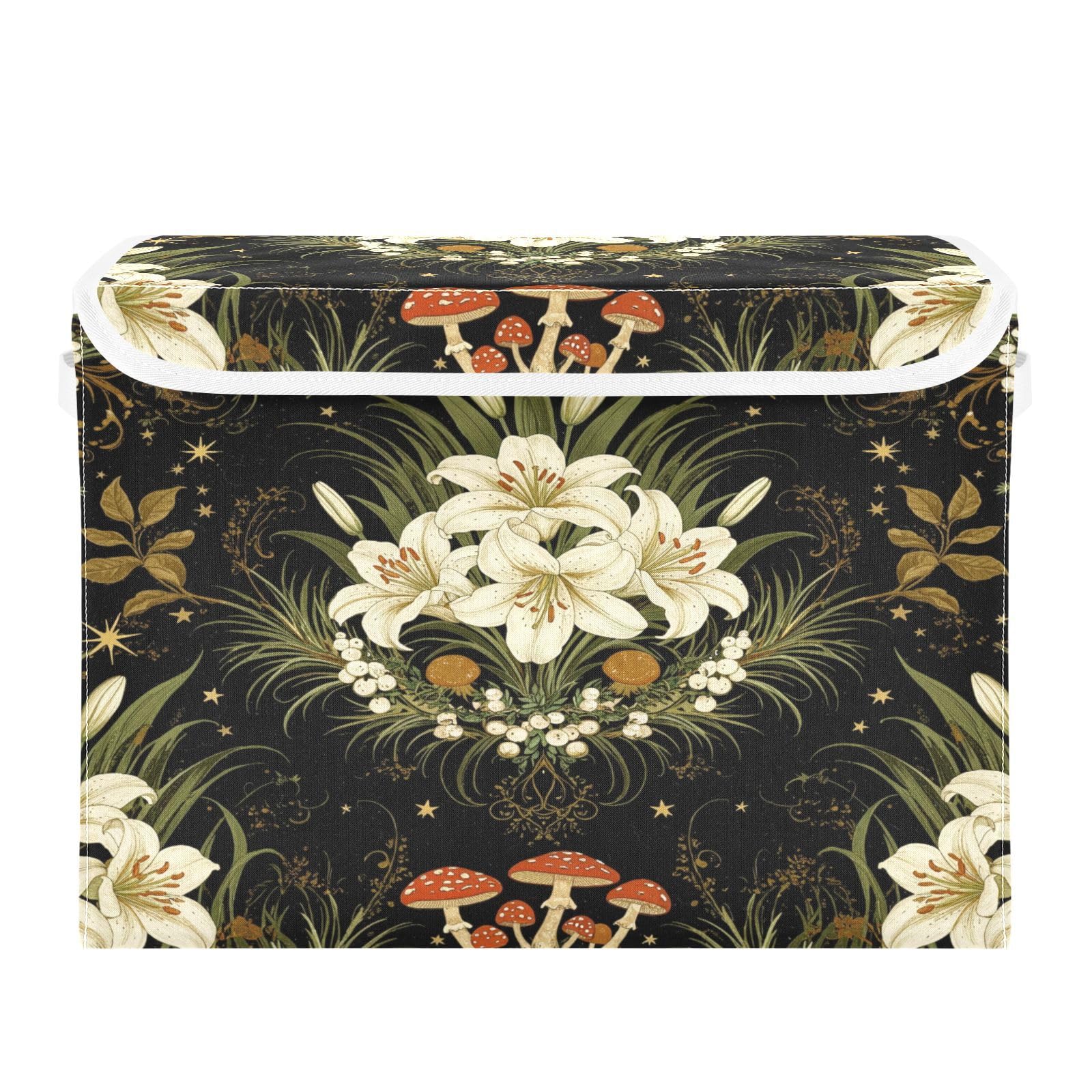 Ewusp Mushroom Fabric Storage Bin with Lid, Decorative Foldable Storage Basket with Handles, Stackable Closet Shelf Organiser Box for Clothes, Books, Bedroom, Living Room