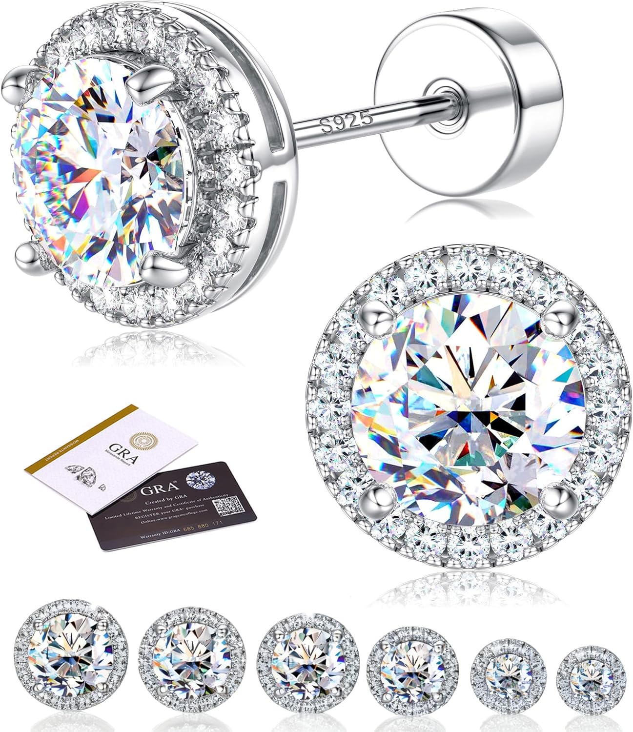 Moissanite Stud Earrings with Flat Back - 925 Sterling Silver D Color VVS1 Moissanite Earring for Women Men,14K White Gold Plated Brilliant Halo Stud Earrings Hypoallergenic Jewelry for Sensitive Ear