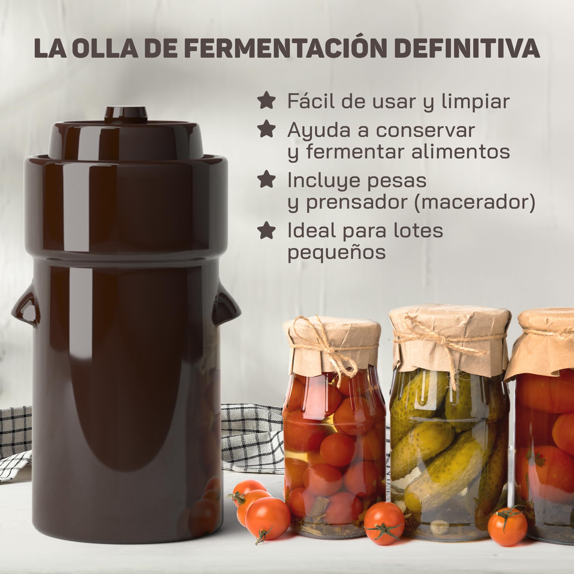 Kenley Bote de Fermentación de 4 Litros con Pesas, Tapa y Macerador | Olla de Gres para Fermentar o Encurtir Kimchi, Chucrut, Pepinillos, Verduras, Kombucha - Fermentador de Cerámica