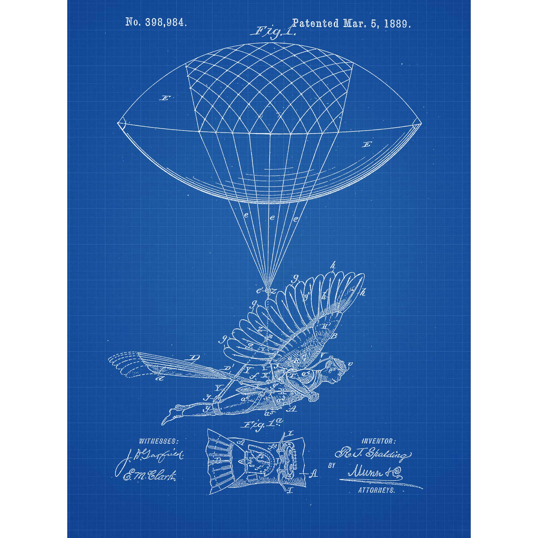 Wee Blue Coo Angel Flying Machine Side View Blueprint Premium Wall Art Canvas Print 18X24 Inch