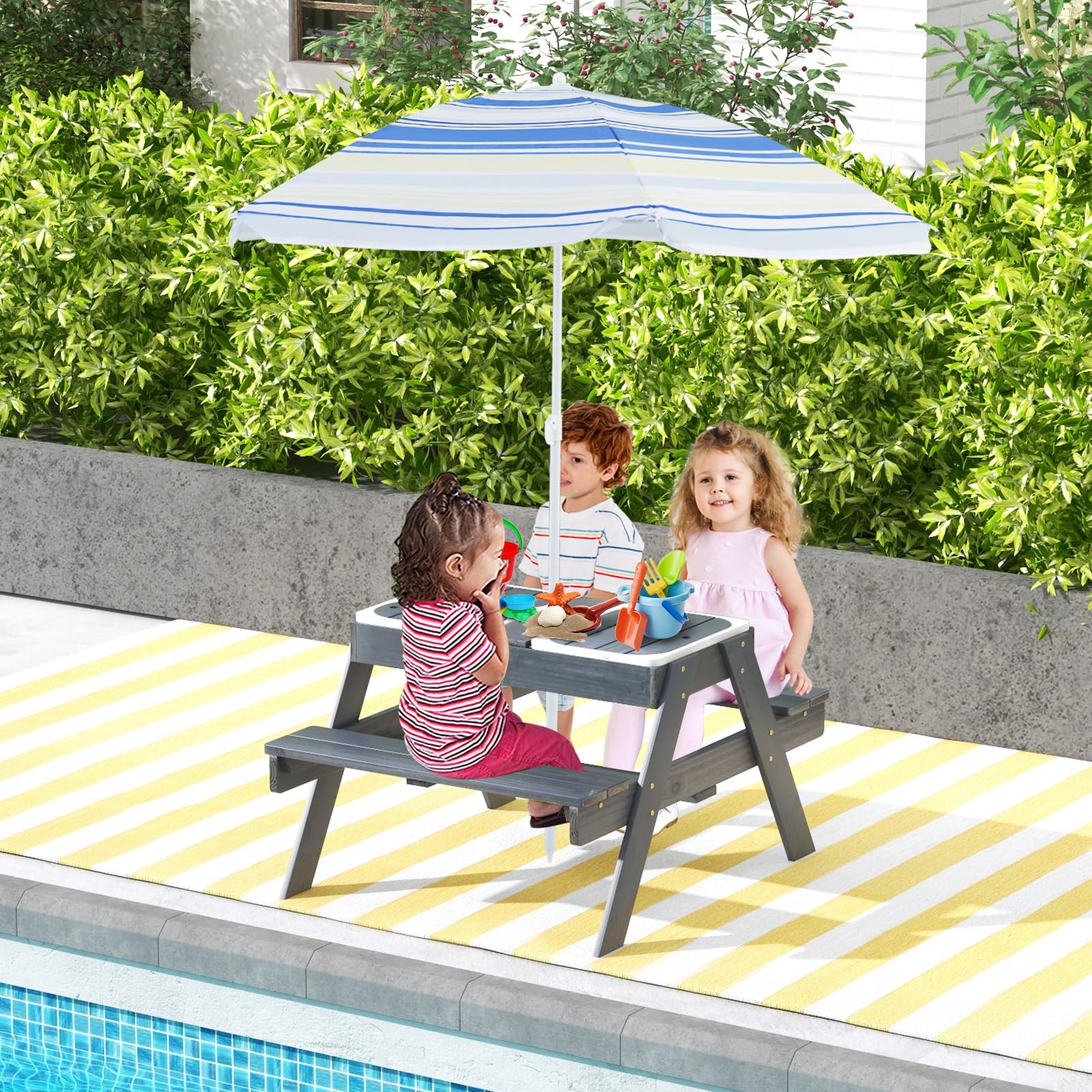 DREAMADE Table de Pique-Nique Enfant en Bois avec Parasol Amovible,Tables Extérieur Garçons Filles avec Bancs de Jardin&3 Boîtes à Couvercle,96x75x54CM (Grise+Coloré)