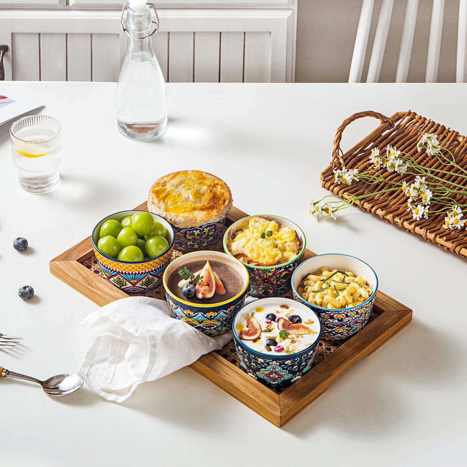 HENXFEN LEAD Porcelana do sufletu, 230 ml, zestaw 6 sztuk, kolorowe suflety Creme Brulee, do pysznego przyprawionego mięsa, ragout finy i pudddingu, styl boho