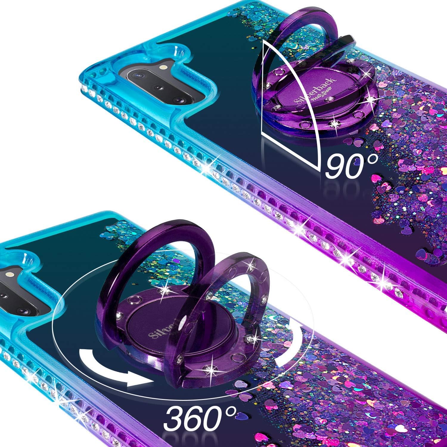 Silverback for Galaxy Note 10 Case, Moving Liquid Holographic Sparkle Glitter Case with Kickstand, Bling Diamond Rhinestone Ring Slim Girls Women Cover for Samsung Galaxy Note 10 - Purple - Image 3