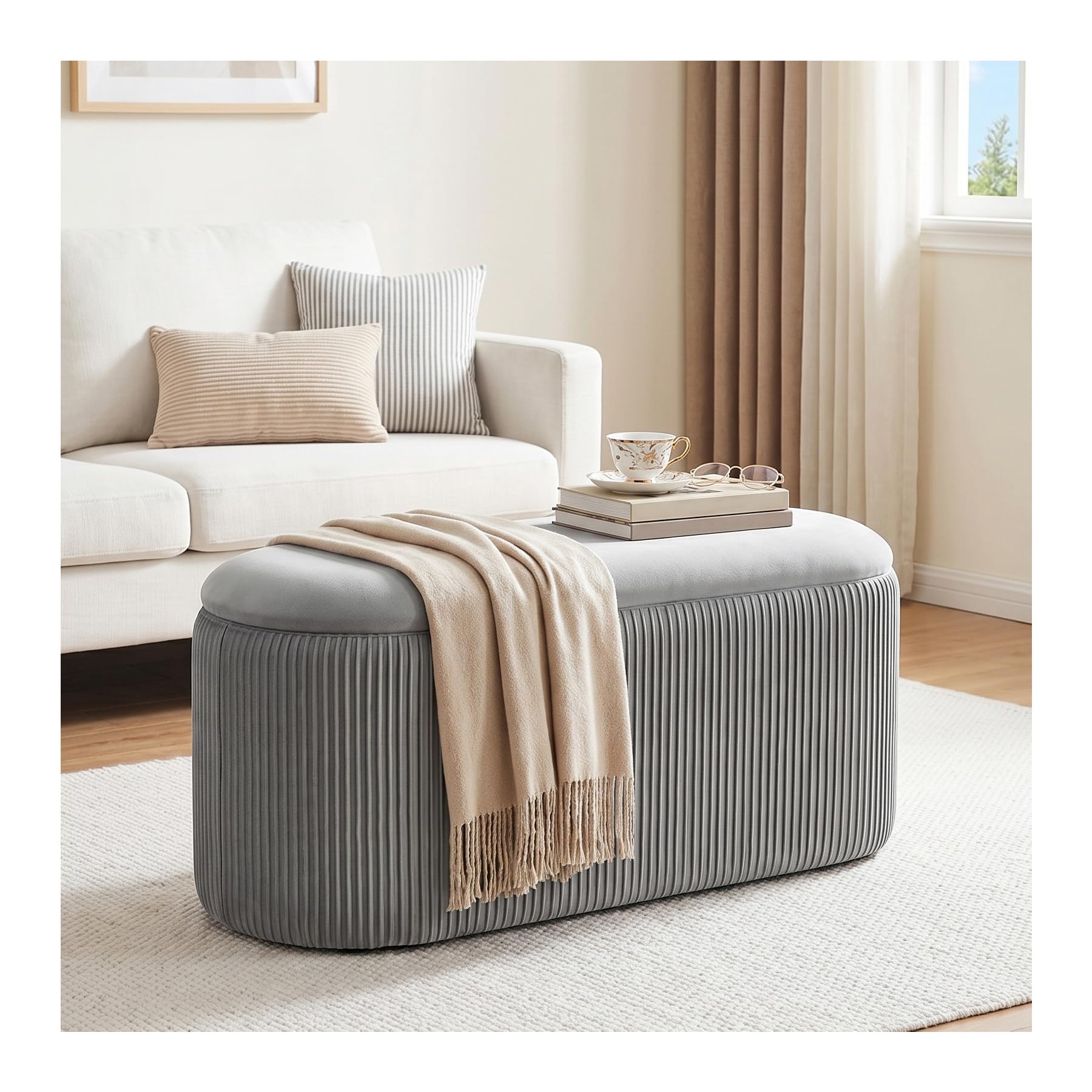INMOZATA Storage Ottoman Bench, 78×38×38cm Velvet Storage Ottoman with Lid, Pleated Upholstered End of Bed Bench, Multifunctional Shoe Storage Footstool for Bedroom Hallway Living Room, Grey