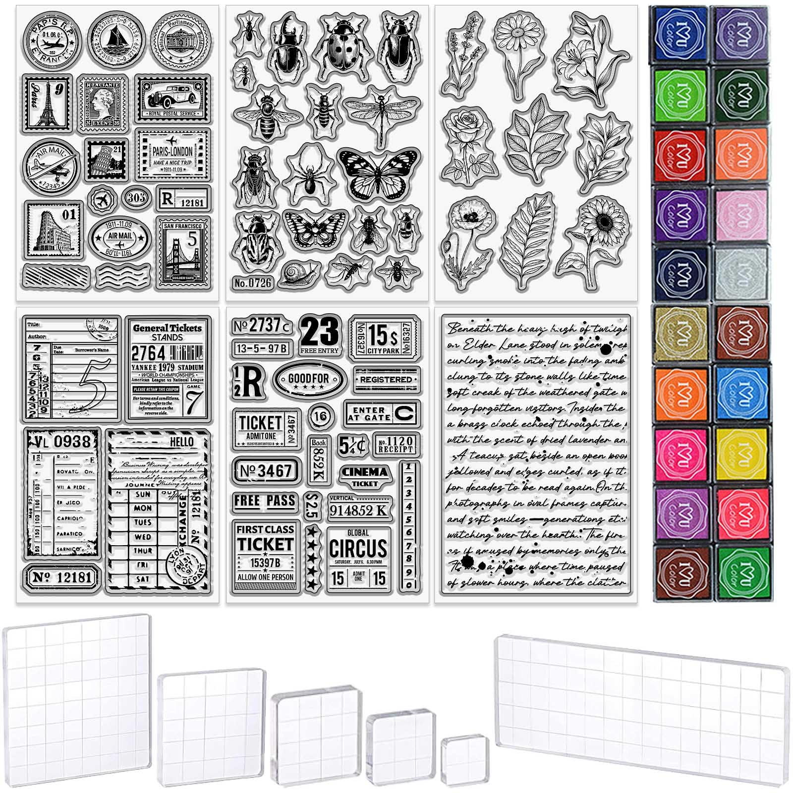 TWINKLEMON 32 Pcs Clear Stamps for Card Making Includes 6 Sheets Vintage Silicone Stamps 20 Craft Ink Pad 6 Acrylic Stamp Block, Background Stamp for Crafting DIY Scrapbooking Journal