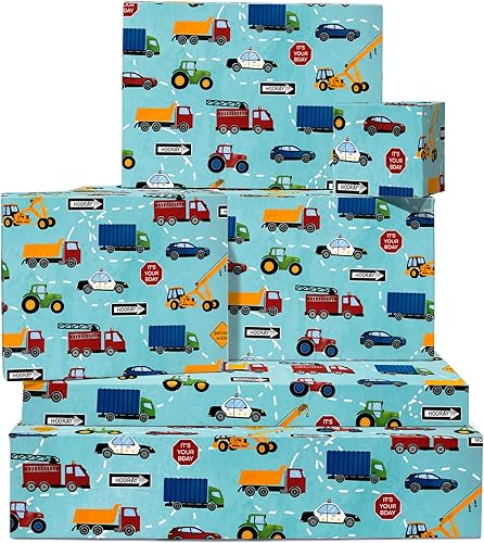 CENTRAL 23 Papel de regalo para niños, 6 hojas de papel de regalo de cumpleaños, autos de policía, camiones y tractores para niños, azul mate,