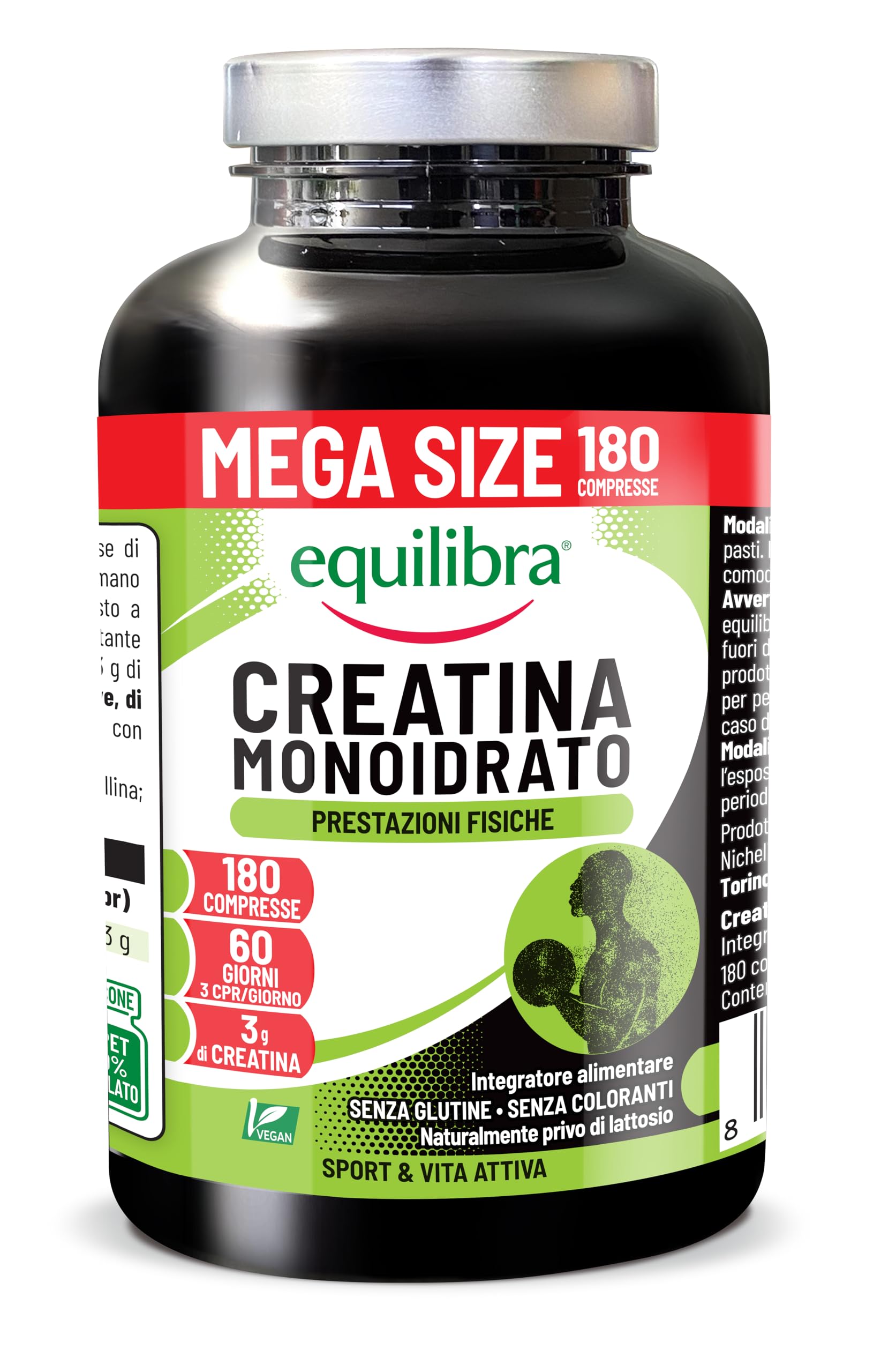 Equilibra Creatina Monoidrato, Vegana, 3000mg per dose max die, 180 Compresse, Scorta 2 Mesi, Senza Glutine, Ideale per il Pre Workout, per Uomini e Donne, Senza Coloranti, Senza Lattosio