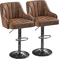 VECELO Adjustable Swivel Bar Stools Set of 2 with Back & Arms - Counter Height PU Leather Kitchen Island Stools, Industrial Brown