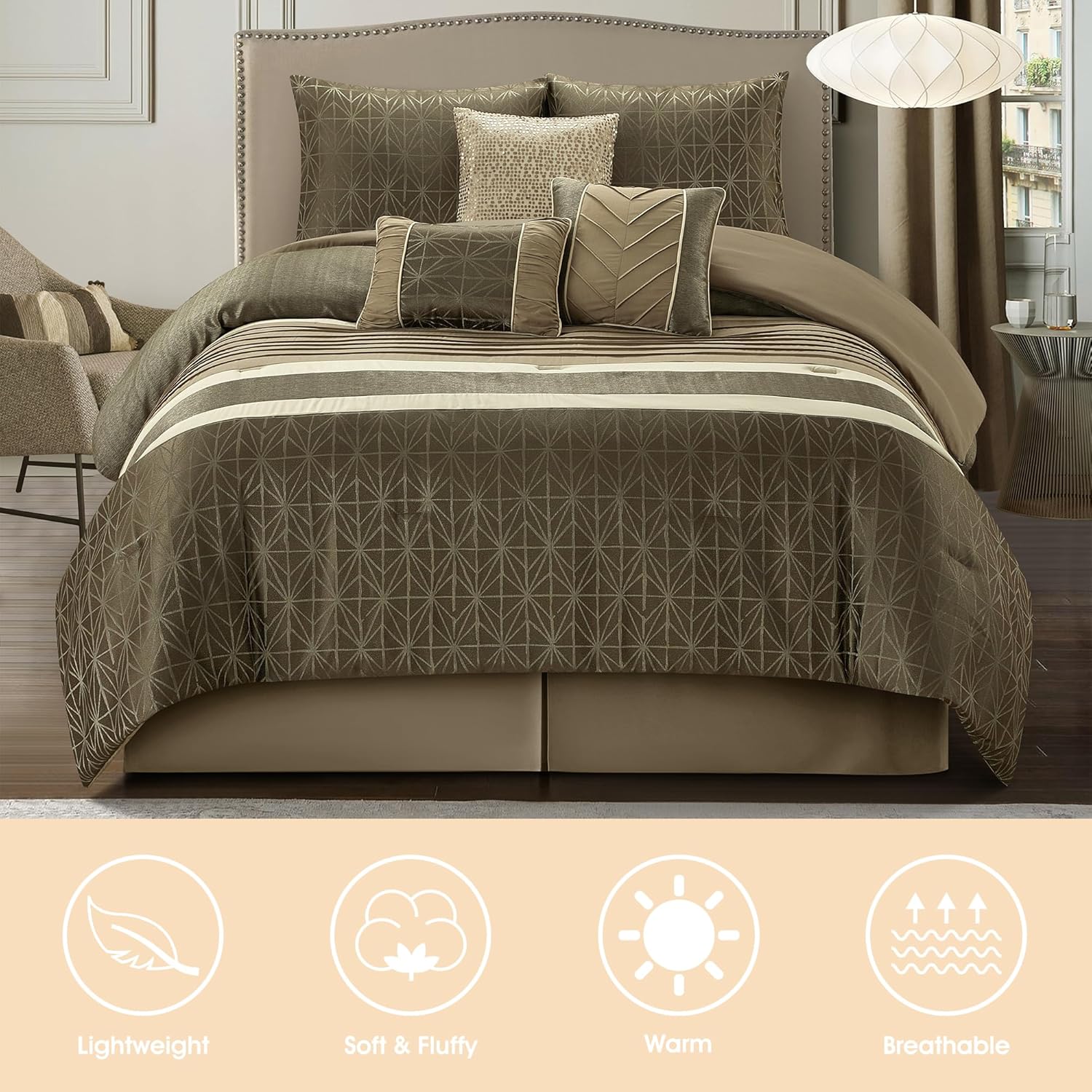 LANCO MODERN LIFESTYLE Queen Size Comforter Set, Taupe, Geometric Jacquard with Solid Patchwork, 7 Piece Luxury Bed Set with Comforter, Pillow Shams, Bed Skirt and Decorative Pillows