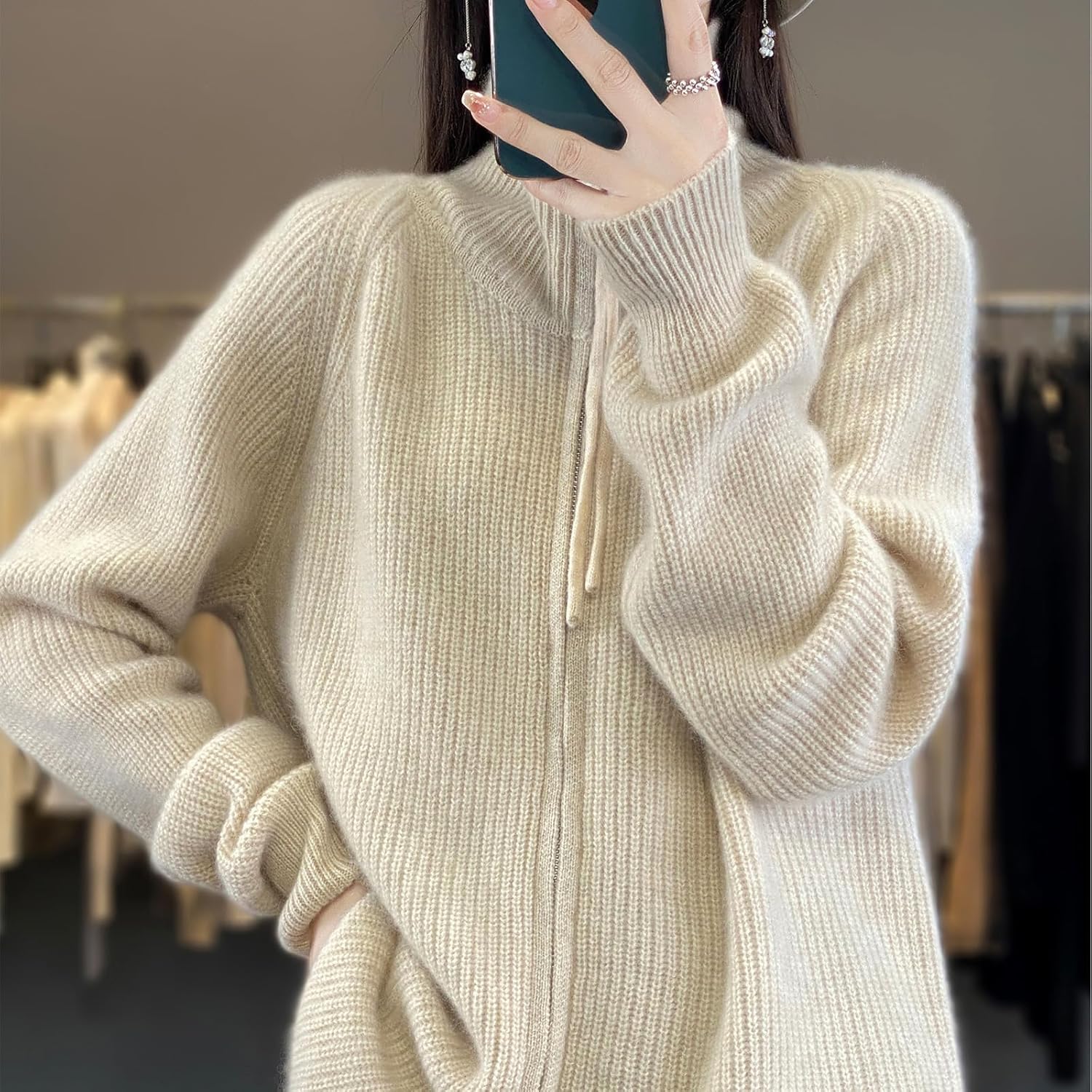 Zip Up Sweaters for Women Wool Knit Cardigan Turtleneck Long Sleeve Baggy Sweater Open Front Cardigan Casual