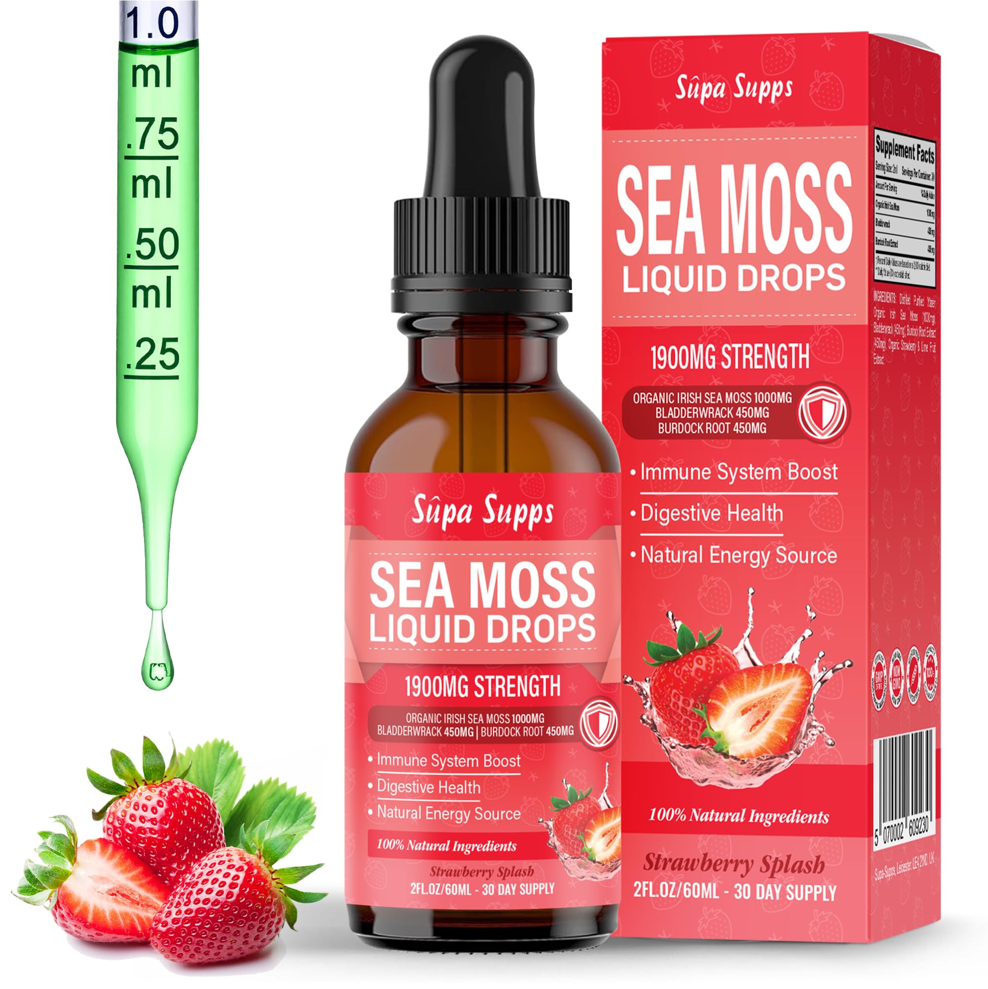 Irish Moss, Bladderwrack & Burdock Root Strawberry Flavour Drops - 120ml - Irish Sea Moss Gel Inspired Liquid, Rich in Natural Minerals, Supports Vitality, Wellness & Daily Nutritional Balance