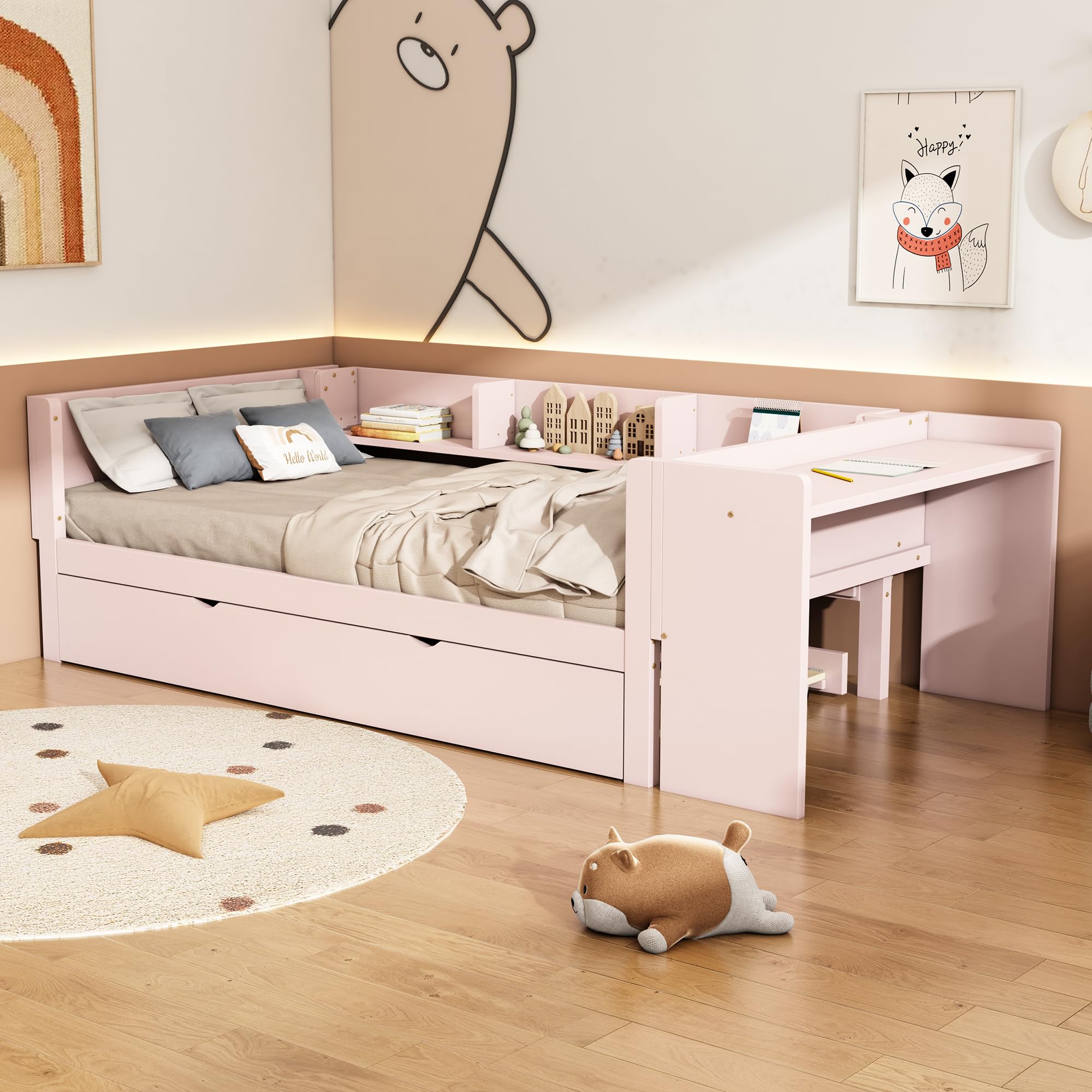 Cama individual de 90 x 200 cm, cama plana de madera, con cama extraíble, con escritorio, tres estantes en el lateral de la cama (rosa)