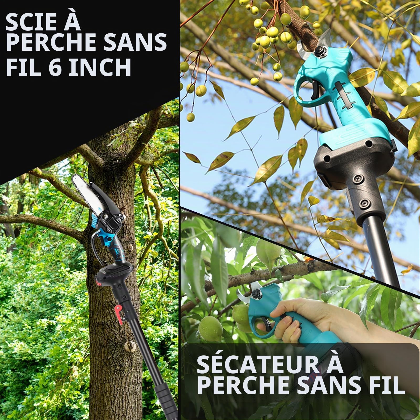 Sécateur Électrique avec Perche, Sécateur Électrique sans Fil, Batterie Li-ION 2X2.0ah, Secateur Telescopique Electrique Ciseaux de Jardin,Lames Sk7, Réglage de l'angle