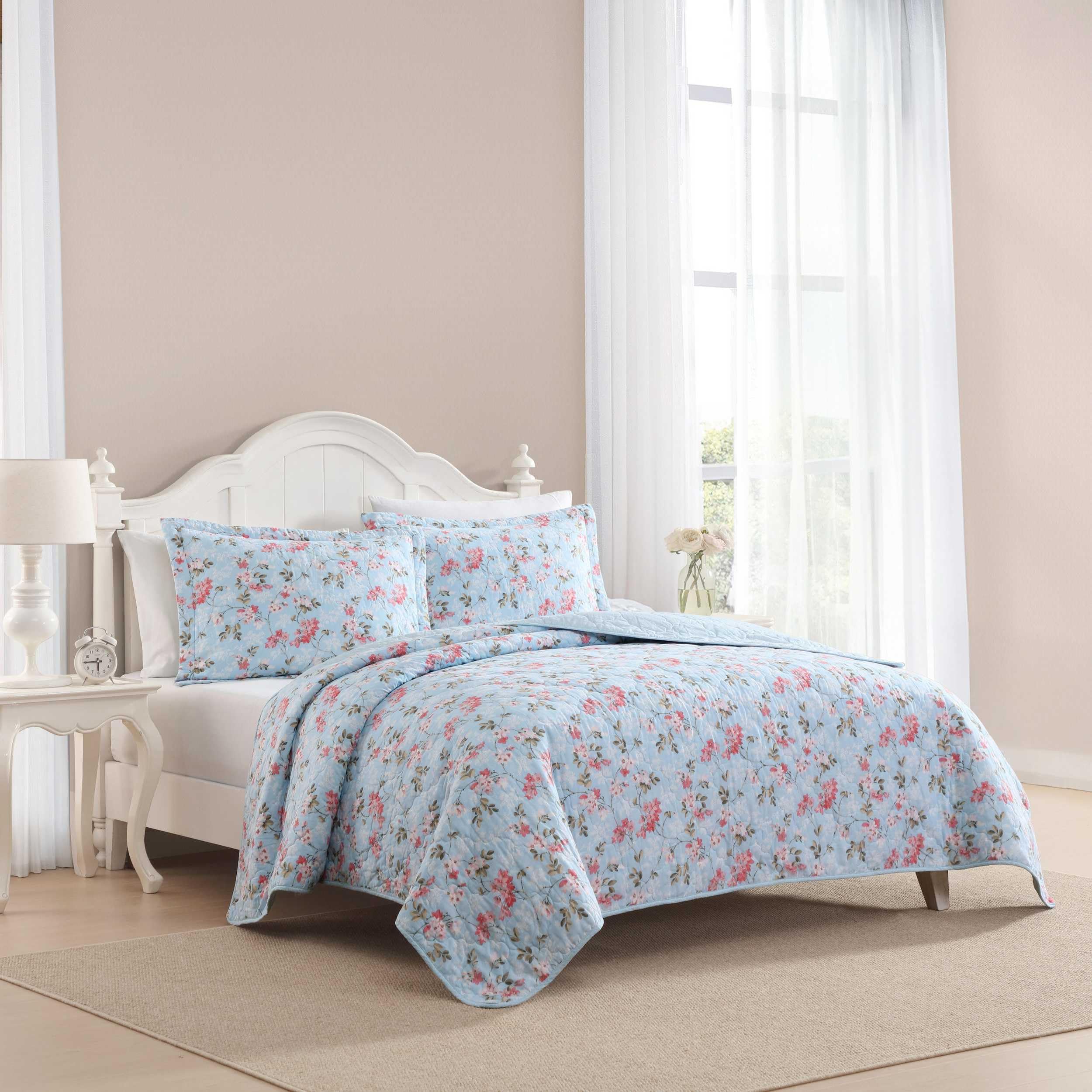 Laura Ashley Zestaw kołdry, super miękka bawełniana pościel z pasującą poszewką, zapięcie na kopertę, kwiatowy nadruk, błogi niebieski, bliźniak