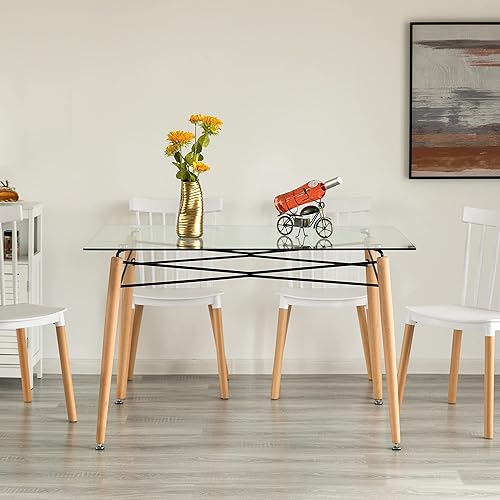 Miniatura 6 de Mesa de comedor moderna con parte superior de cristal, mesa estrecha rectangular para 4, patas de haya de madera maciza, mesa de acento que ahorra