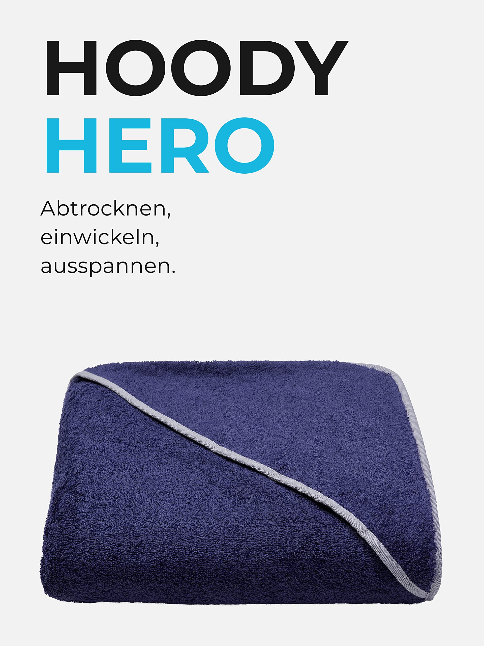 Sowel® Kapuzenhandtuch, 100% Bio-Baumwolle, Badetuch mit Kapuze für Erwachsene, Kinder und Babys, Größe 140x140 cm, Navy/Grau