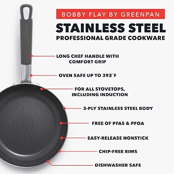 GreenPan x Bobby Flay Stainless Steel 8 & 10 Frying Pan Skillet Set, Professional Grade Tri-Ply, Multiclad, PFAS-Free Ceramic Nonstick, Induction Suitable, Dishwasher & Oven Safe, Stay Cool Handle