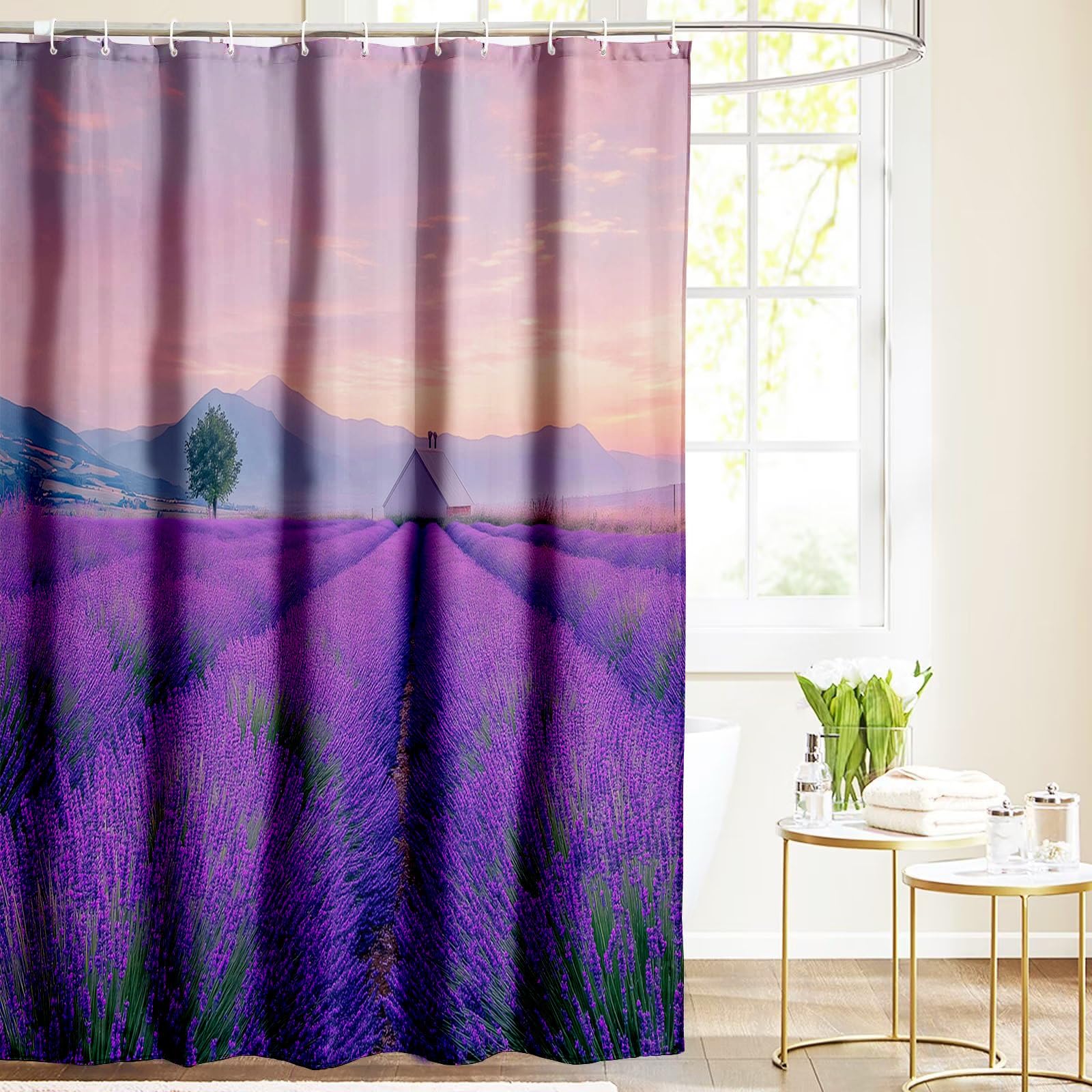 Shower Curtain Purple plant Lavender Bathroom Curtains with 12 hooks，Quick-Drying Weighted 180x200cm Polyester Shower Curtains for Bathroom Wet Room Tub