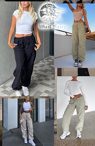 Miniatura 6 de Waitfairy Pantalones cargo para mujer, con cordón elástico, cintura elástica, pantalones de paracaídas holgados para mujer, pantalones Y2K
