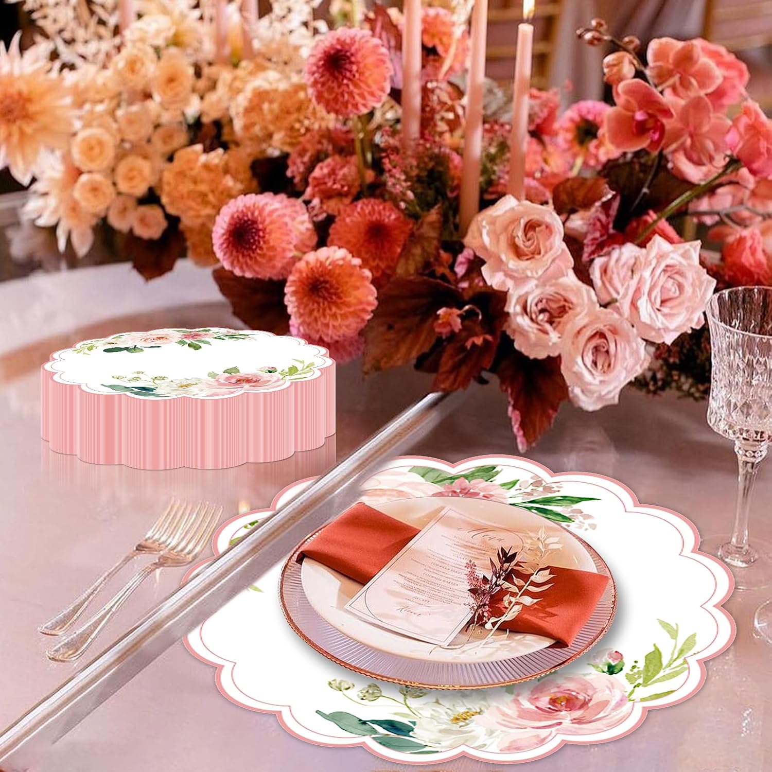 50 Pack Paper Placemats Disposable Pink Floral Placemat