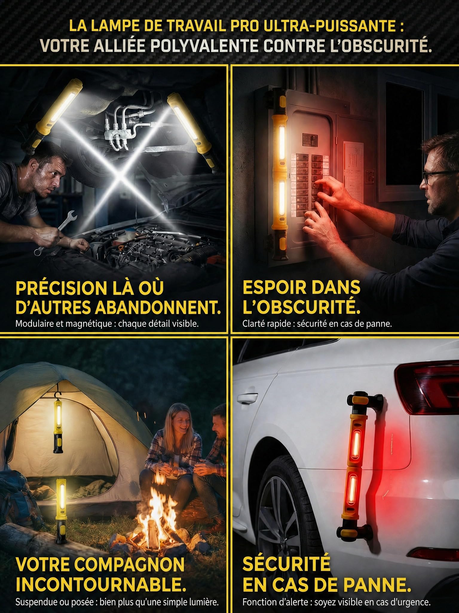 3000LM Baladeuse LED Mecanicien, 5200mAh Lampe de Travail avec Batterie Externe, 2-en-1 Séparable, Aimant, Crochet, IP54 SOS, Réparation Auto (Jaune vif)
