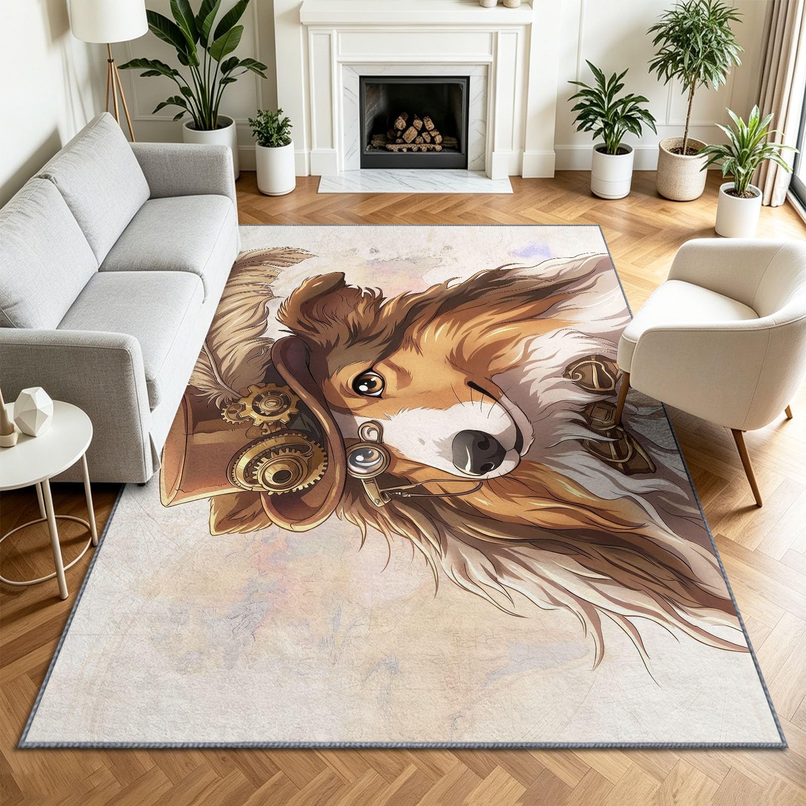 Animaux Steampunk Tapis Antidérapant 140 x 200 cm Doux Tapis, pour Salon Chambre à Coucher Salle à Manger Haut-De-Forme Chien Berger Moderne Lavable Poils Ras Lavable Poils Courts Moquette