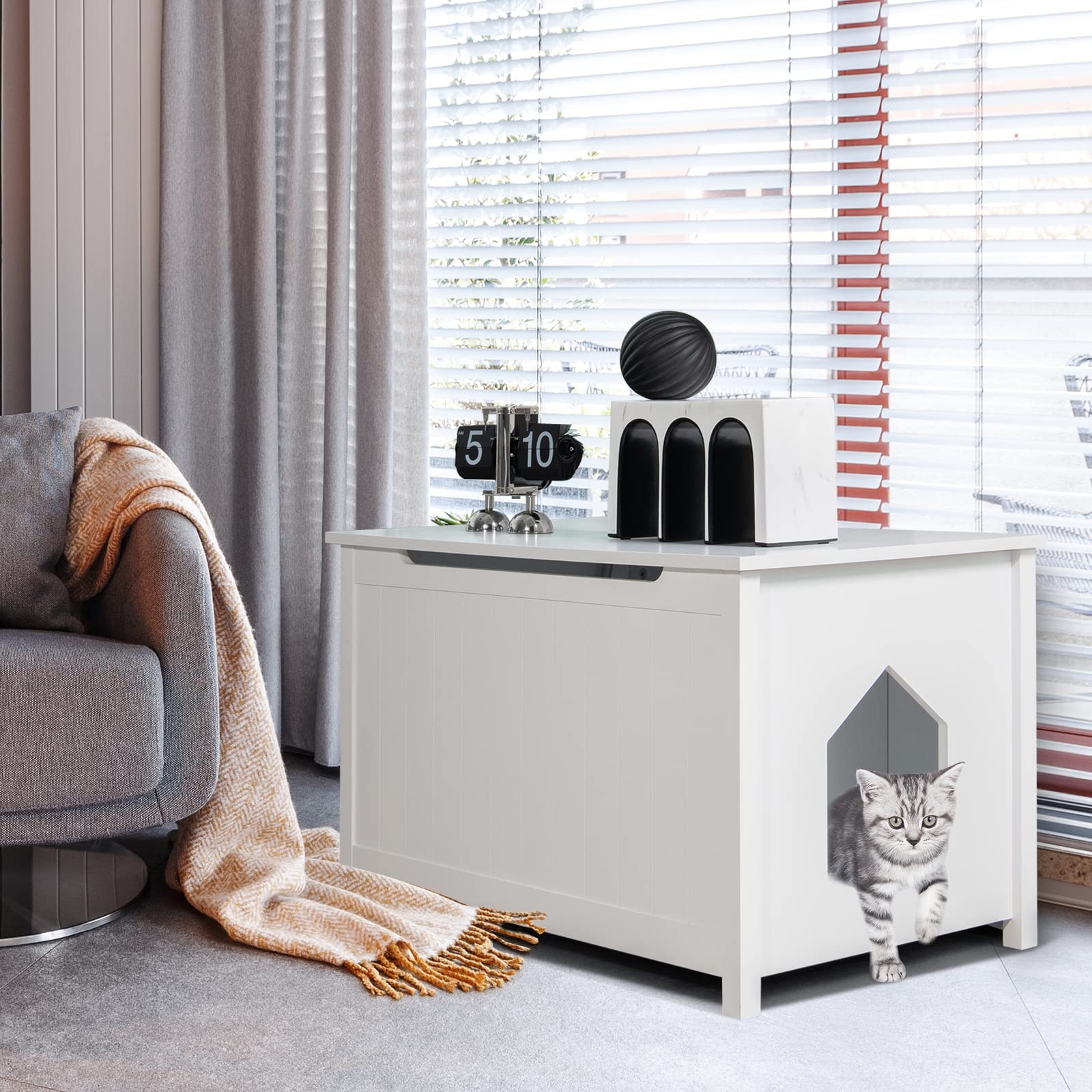 GOPLUS Armario de madera para gatos con divisores móviles, barras de gas y asas cortadas, muebles para gatos con ganchos para porche y balcón