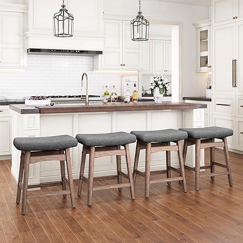 Miniatura 3 de PHI VILLA Juego de 2 taburetes de bar de granja, herramientas de madera con asiento tapizado, taburetes de 24 pulgadas para encimera de cocina,