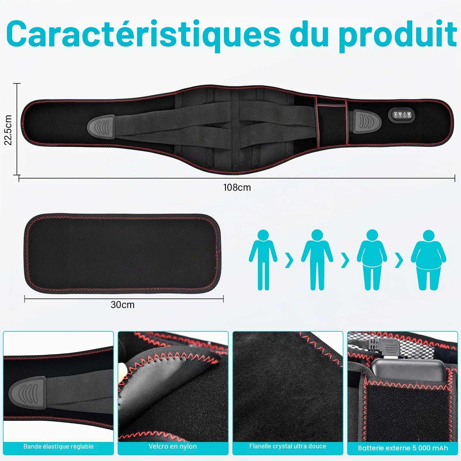 Ceinture Lombaire chauffante,Ceintur Dorsale Chauffante,Ceinture Massante Chauffante avec 3 Modes De Massage et 3 Niveaux de Température,Timer,pour Soulager des Douleurs Lombaires, Abdominales