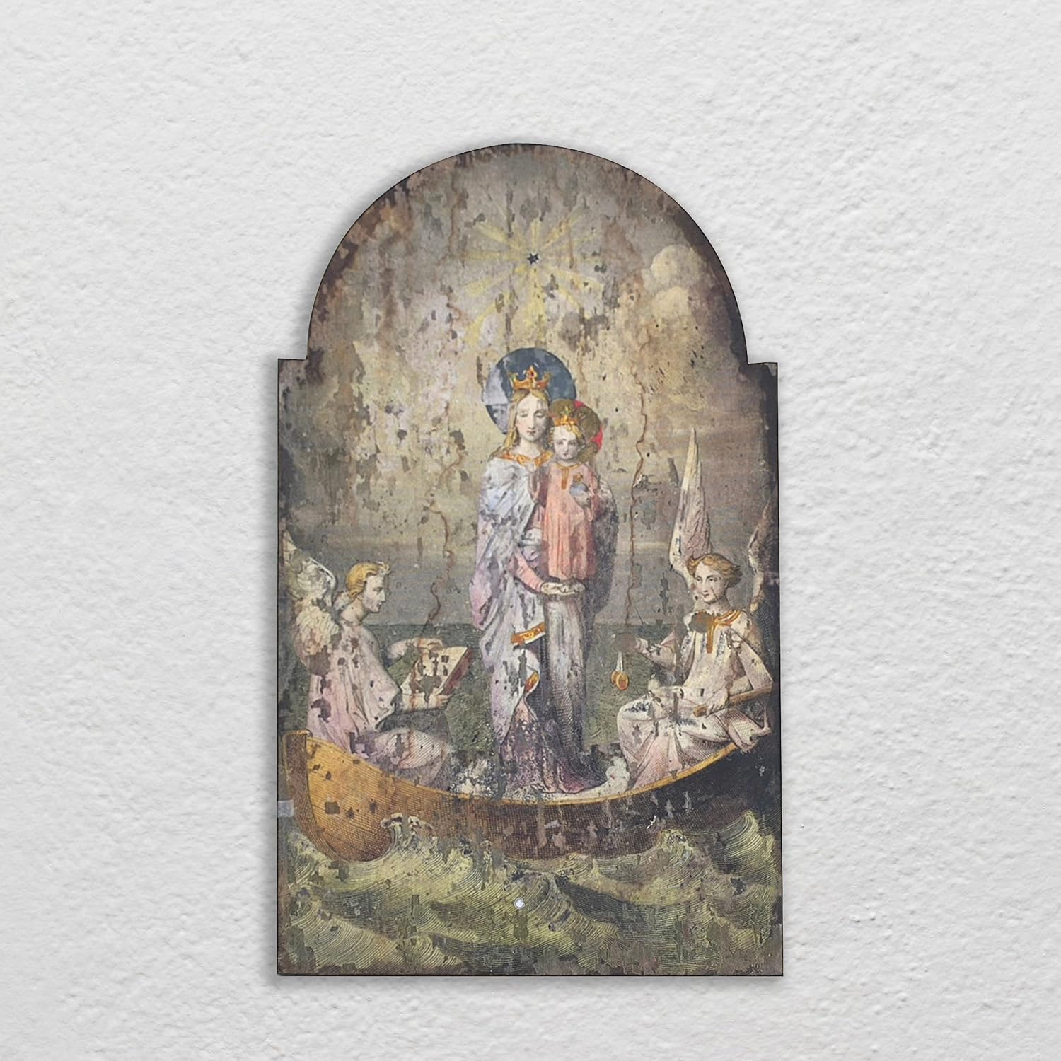 Creative Co-op DA0262 Vintage Mary & Angels Image on Decorative Wood Wall Décor , Gray