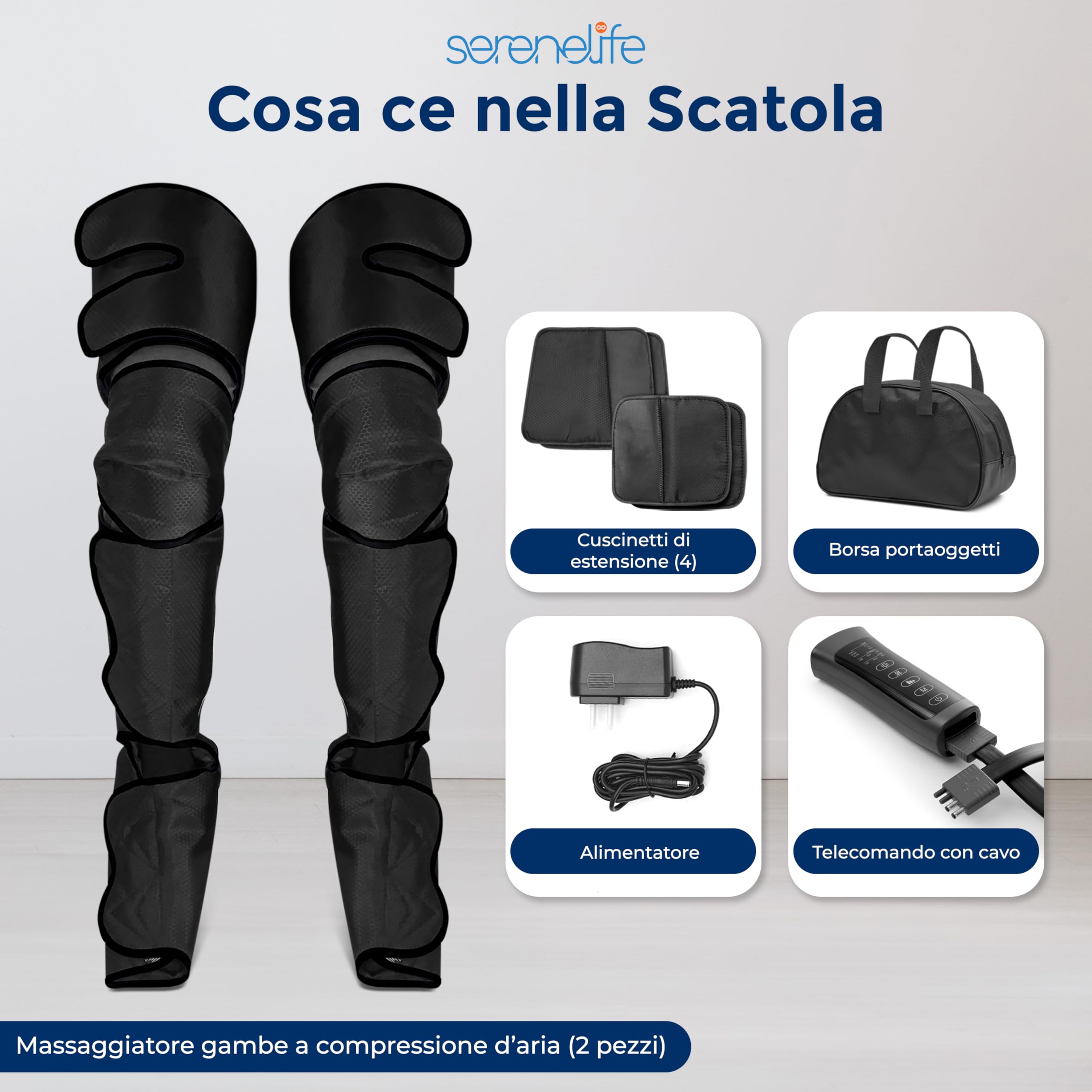 SereneLife Massaggiatore Gambe ad Aria per Ginocchio, Gomito e Spalla, Massaggio con 4 Vibrazioni, 2 Livelli Calore fino 53°C, 4 Cuscini d’Aria, Controller LED, Impacco Freddo